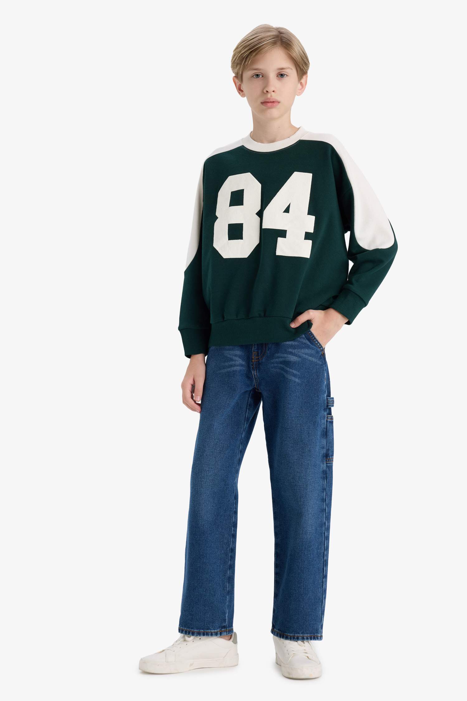 Erkek Çocuk Oversize Geniş Kalıp Bisiklet Yaka Baskılı Okul Sweatshirt