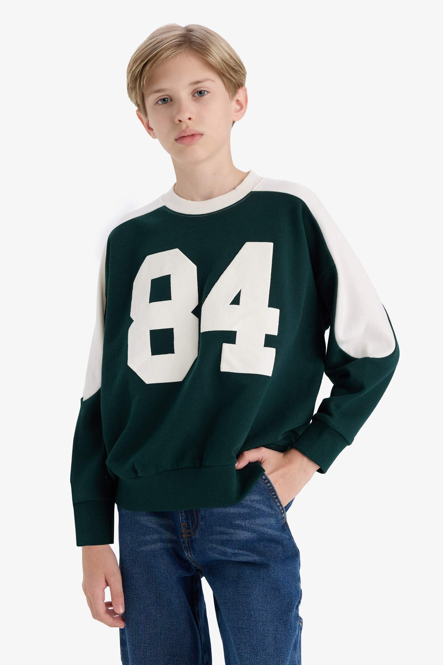 Erkek Çocuk Oversize Geniş Kalıp Bisiklet Yaka Baskılı Okul Sweatshirt