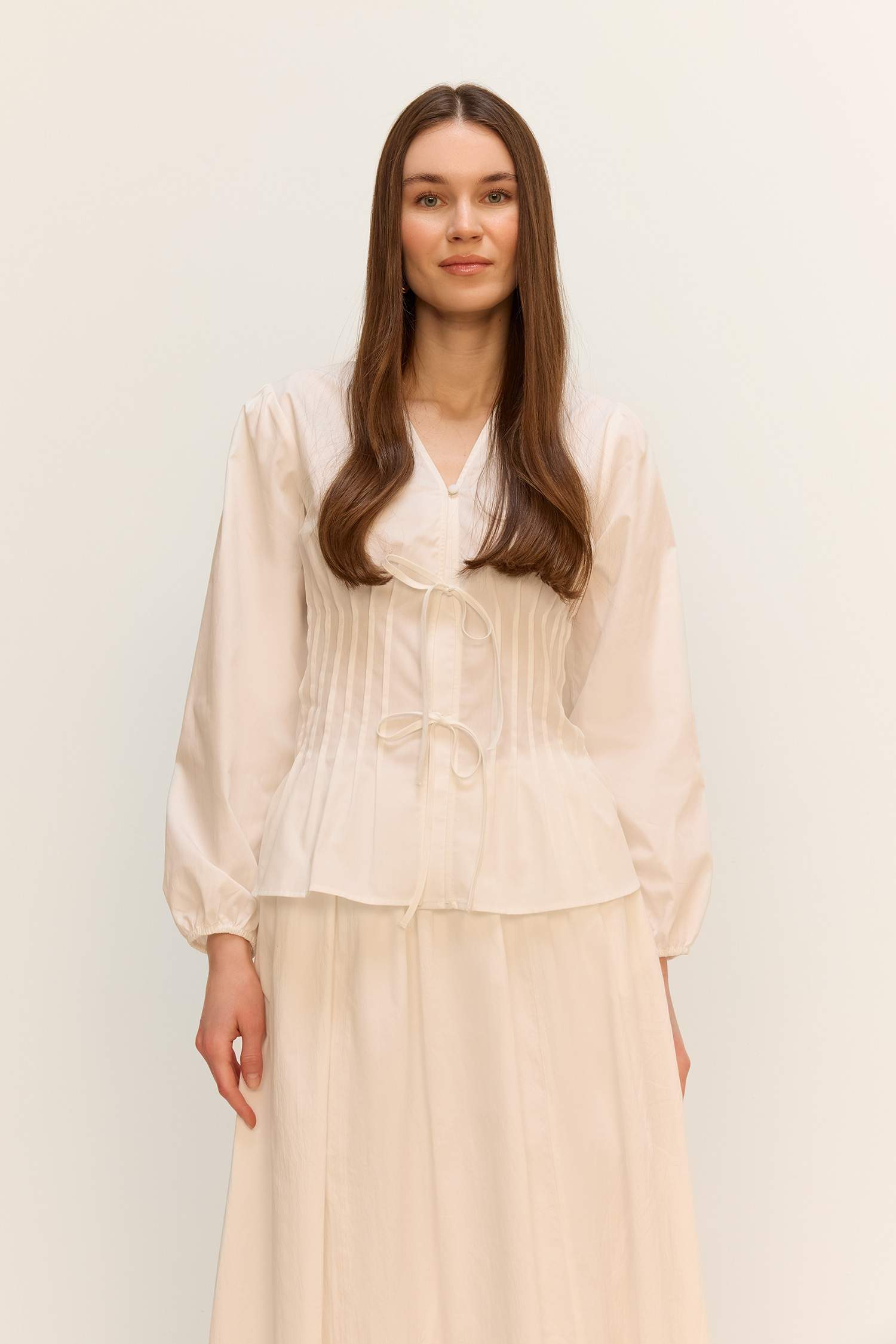 Regular Fit V Yaka Poplin Uzun Kollu Tesettür Bluz Tunik