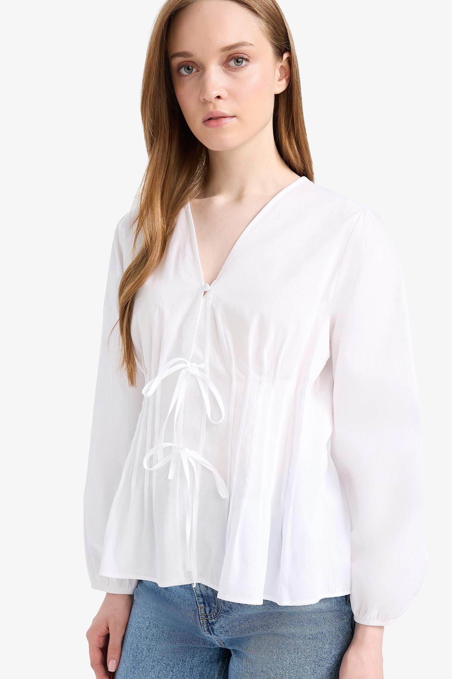 Regular Fit V Yaka Poplin Uzun Kollu Tesettür Bluz Tunik