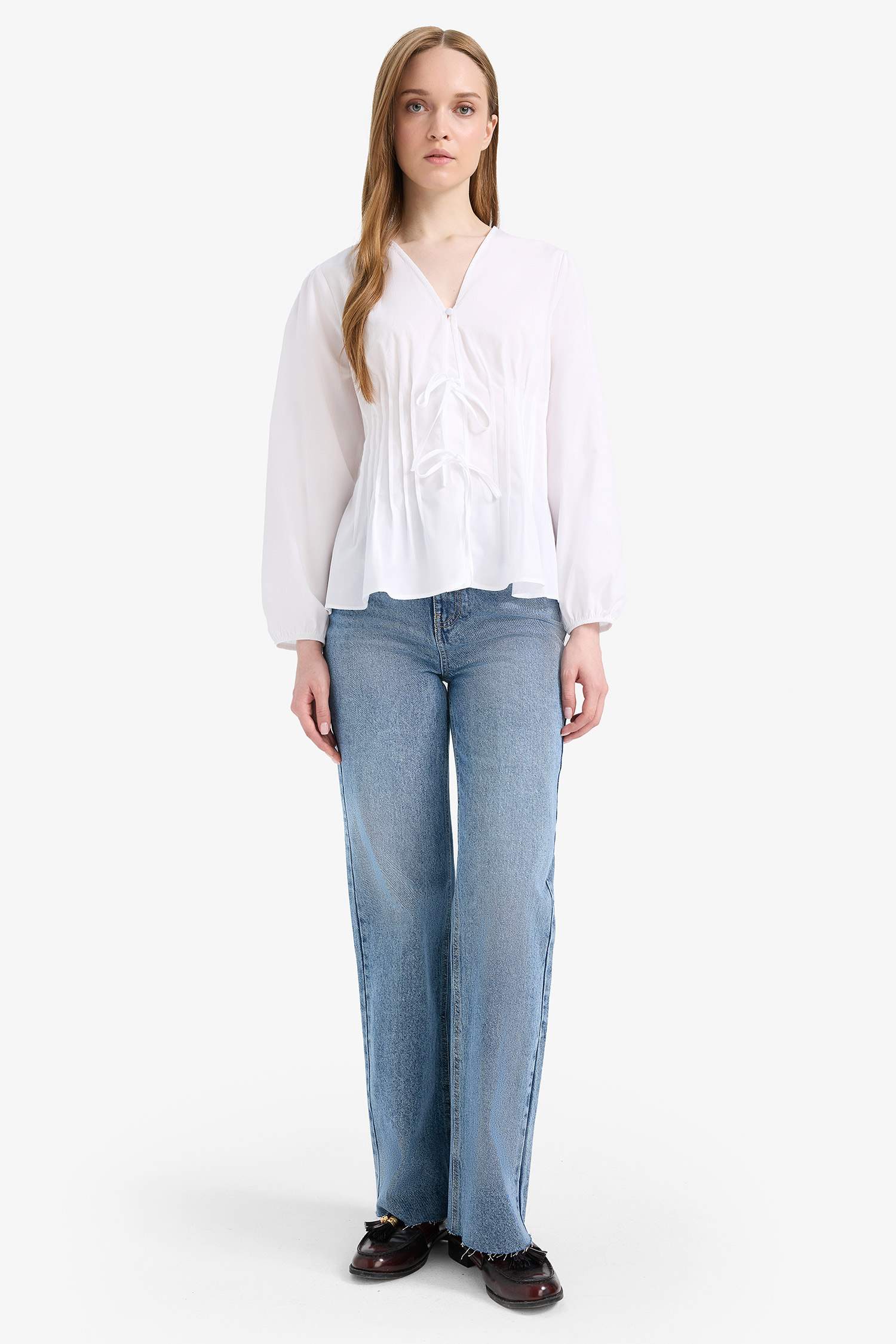 Regular Fit V Yaka Poplin Uzun Kollu Tesettür Bluz Tunik