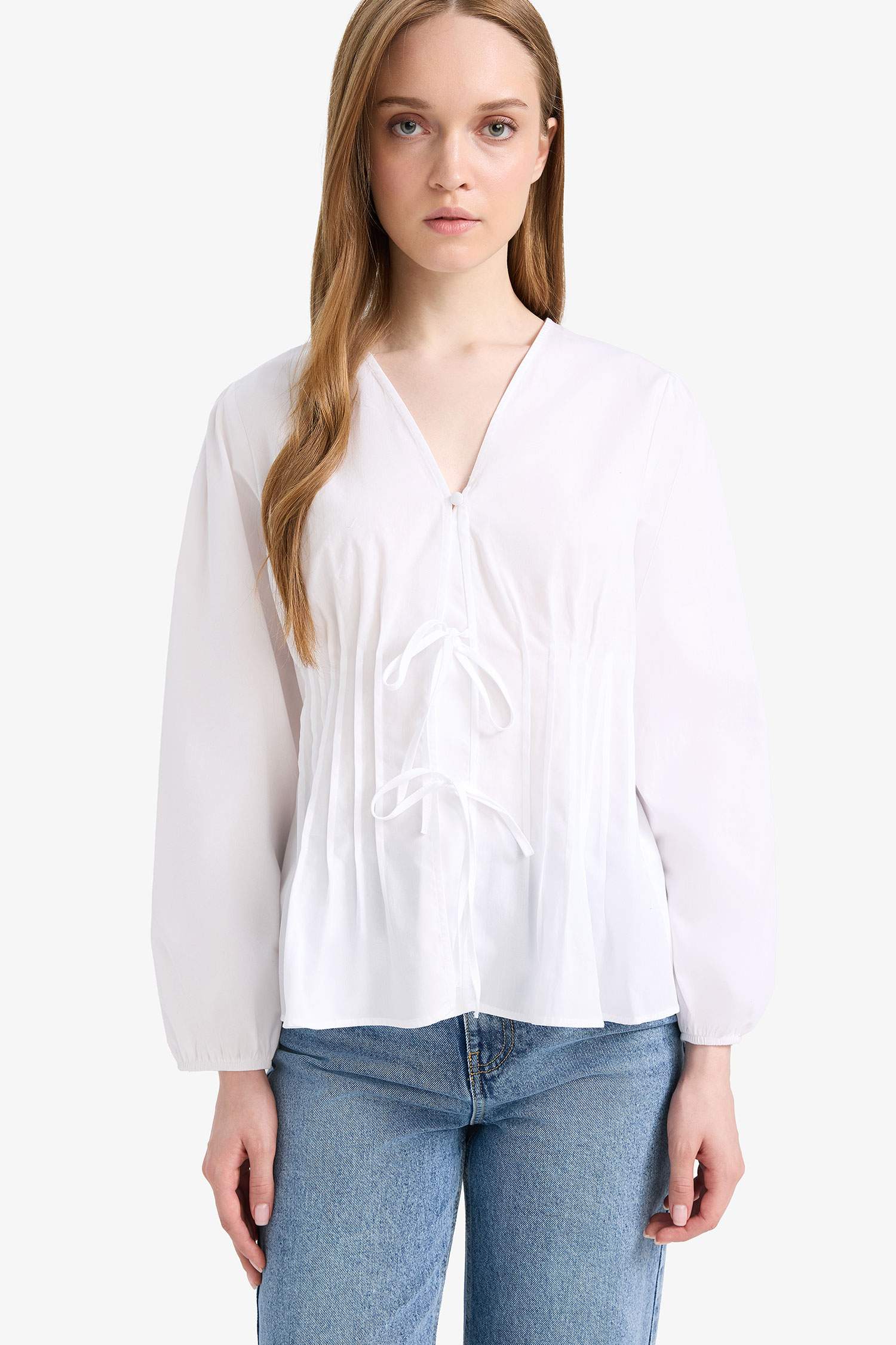 Regular Fit V Yaka Poplin Uzun Kollu Tesettür Bluz Tunik