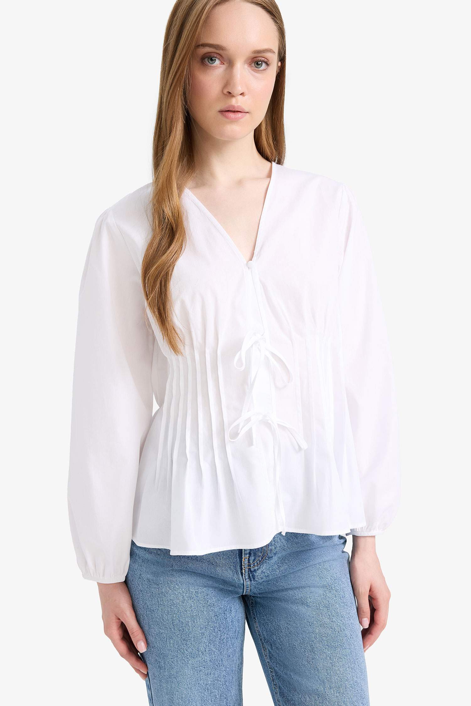 Regular Fit V Yaka Poplin Uzun Kollu Tesettür Bluz Tunik