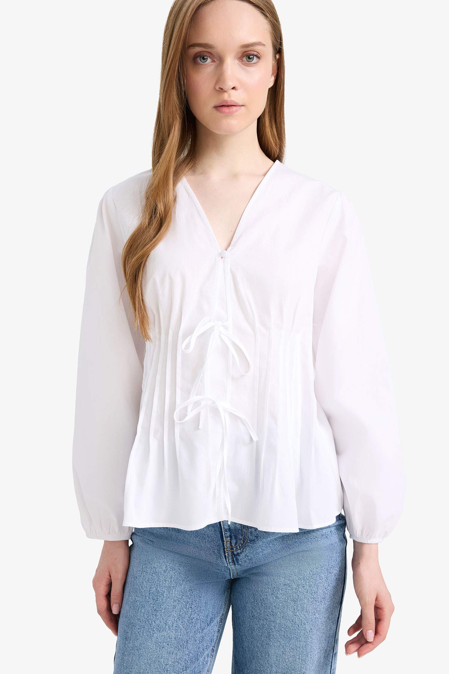 Regular Fit V Yaka Poplin Uzun Kollu Tesettür Bluz Tunik