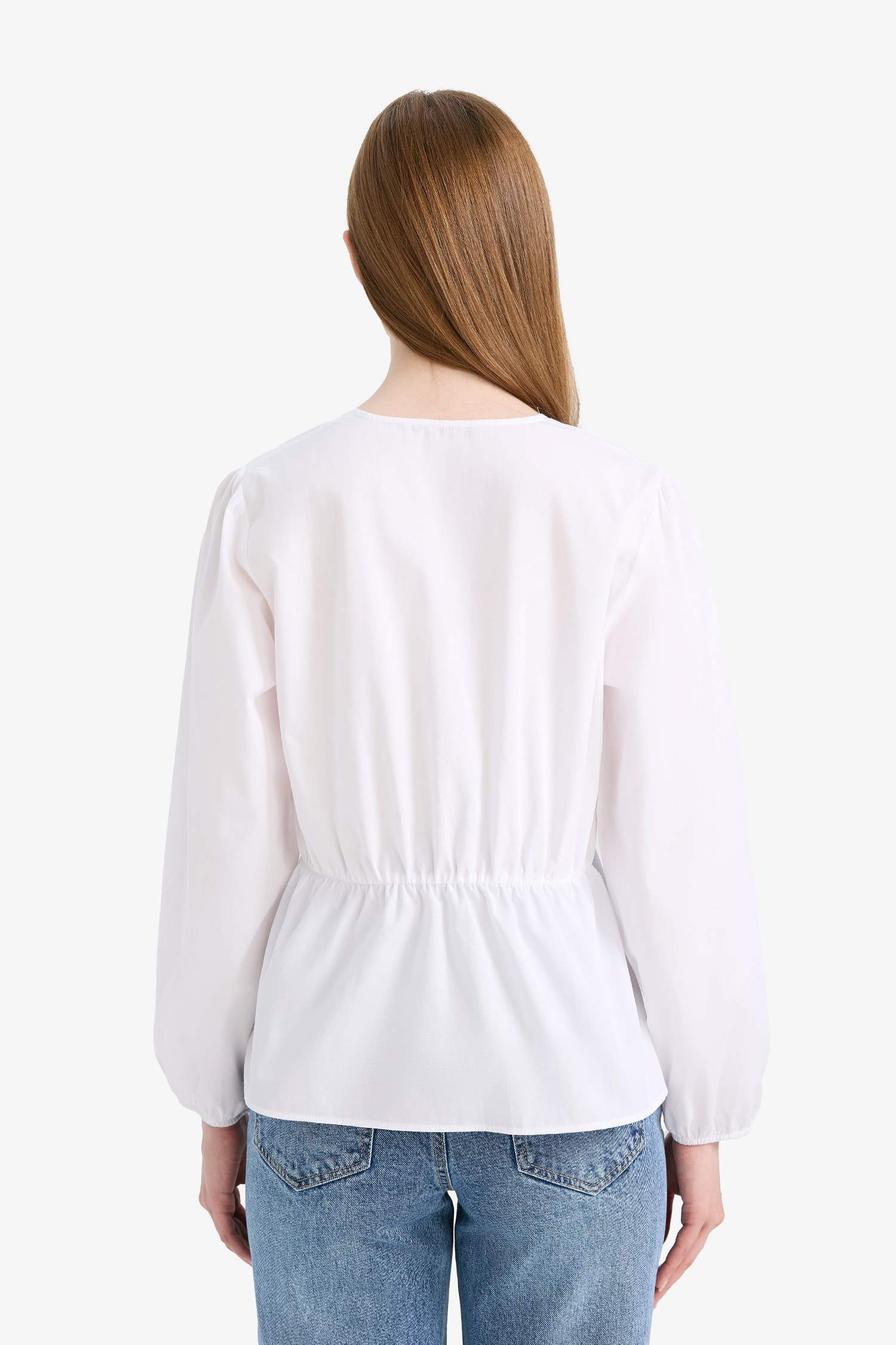 Regular Fit V Yaka Poplin Uzun Kollu Tesettür Bluz Tunik