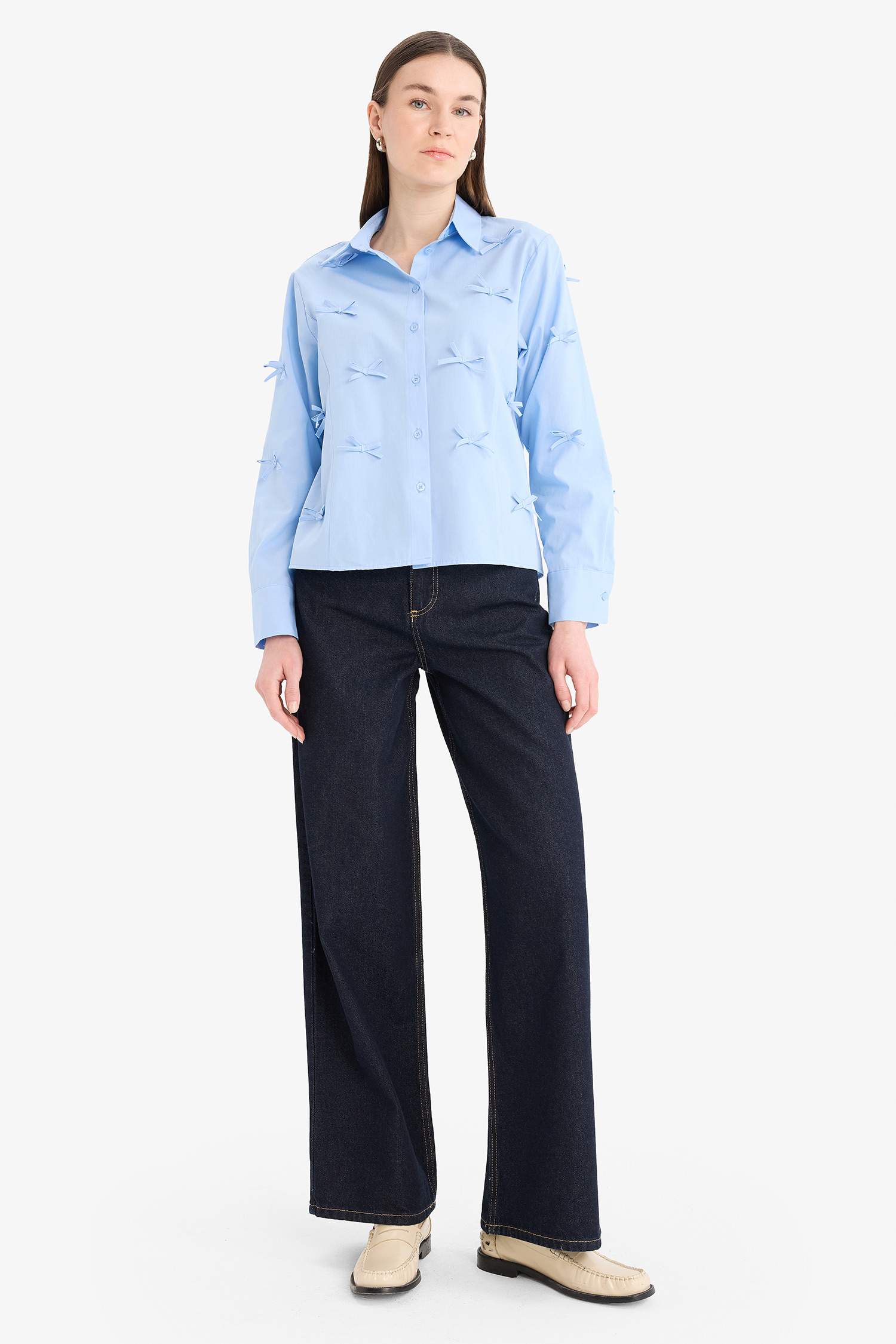 Regular Fit Fiyonklu Poplin Uzun Kollu Gömlek Tunik