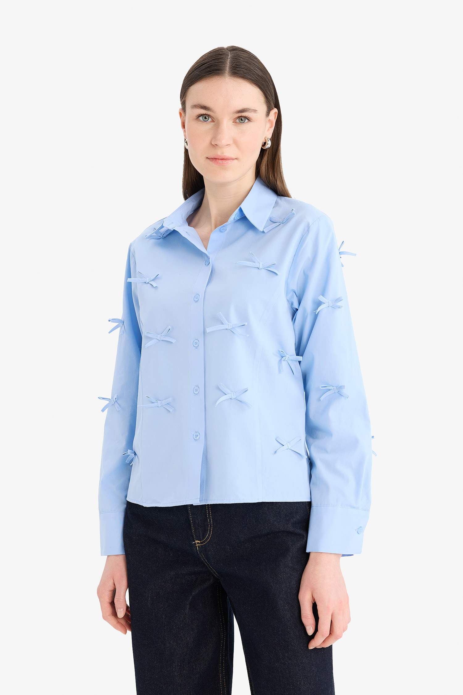 Regular Fit Fiyonklu Poplin Uzun Kollu Gömlek Tunik