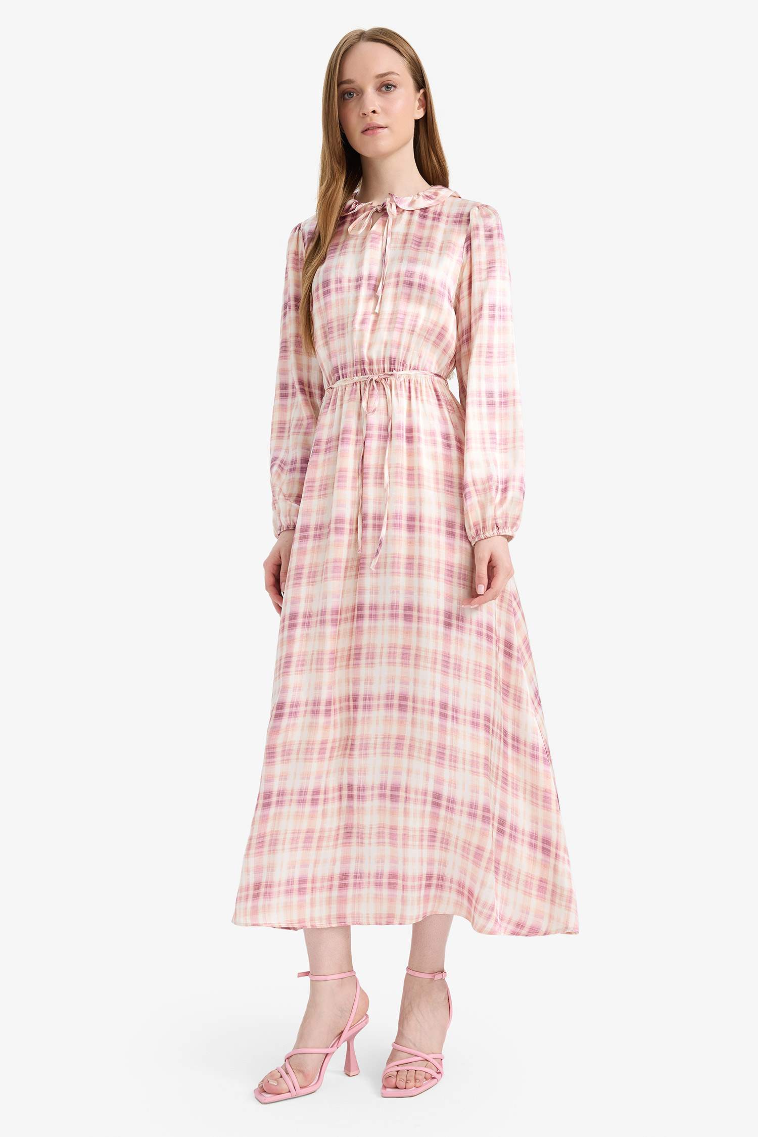 فستان ستان طويل مطبوع قصة عادية وياخة قميص