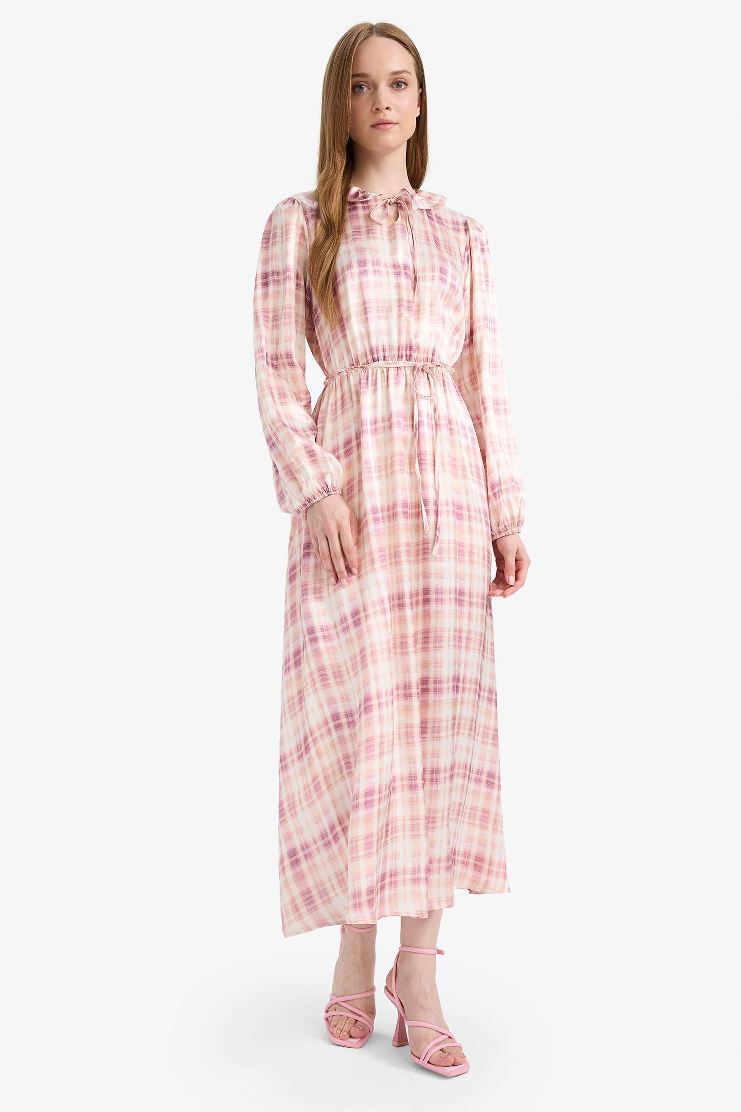 فستان ستان طويل مطبوع قصة عادية وياخة قميص