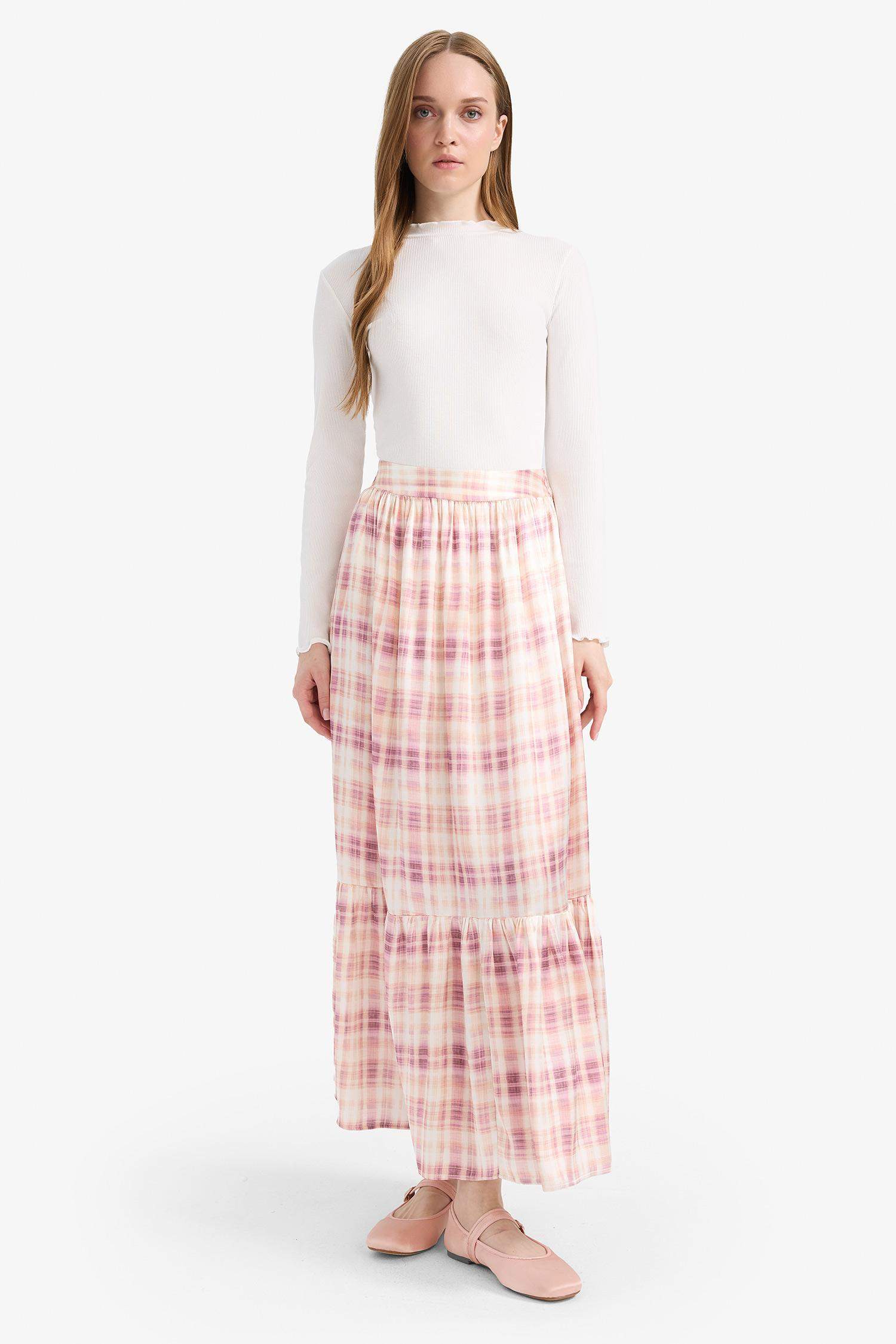 Desenli Beli Lastikli Saten Maxi Etek