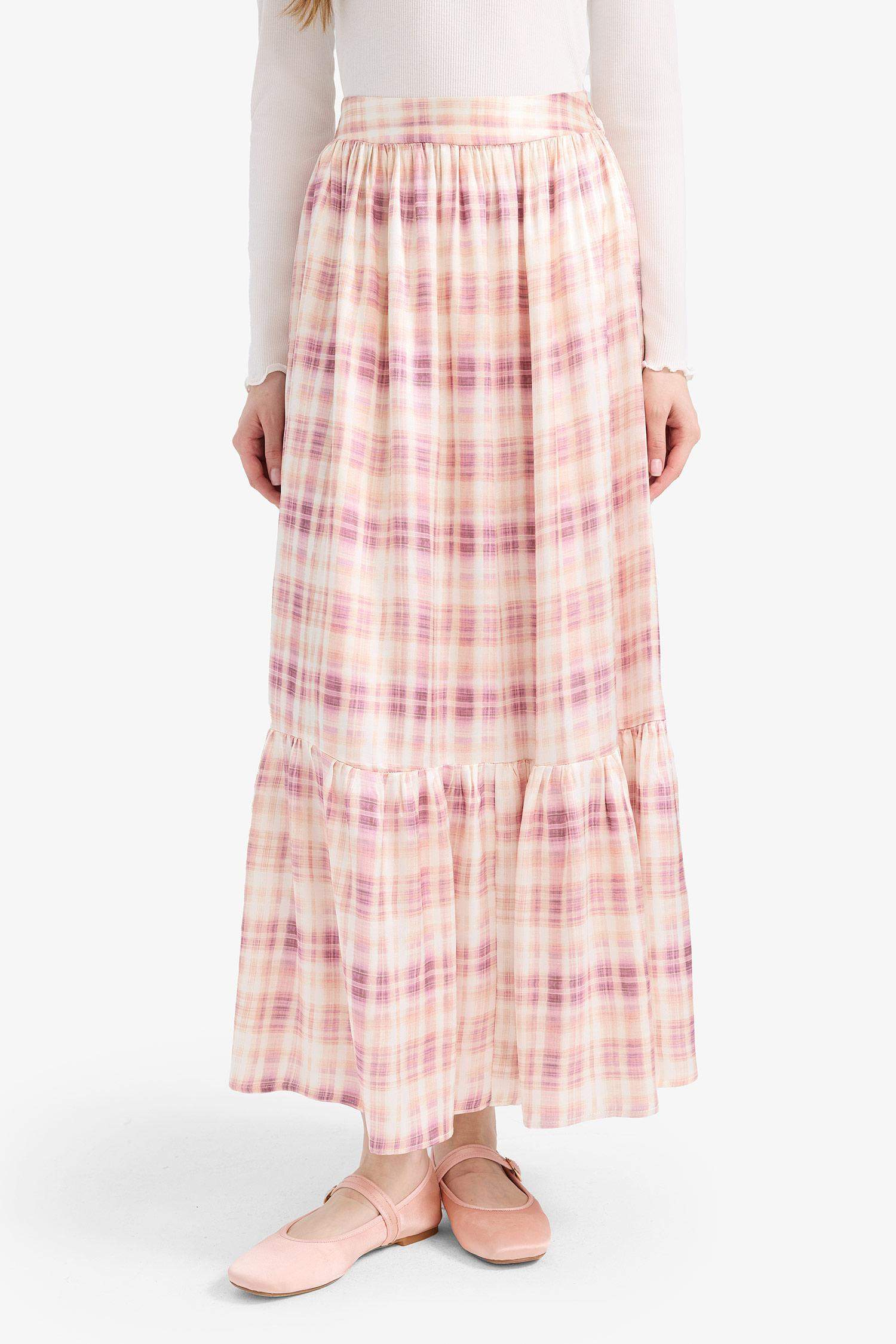 Desenli Beli Lastikli Saten Maxi Etek