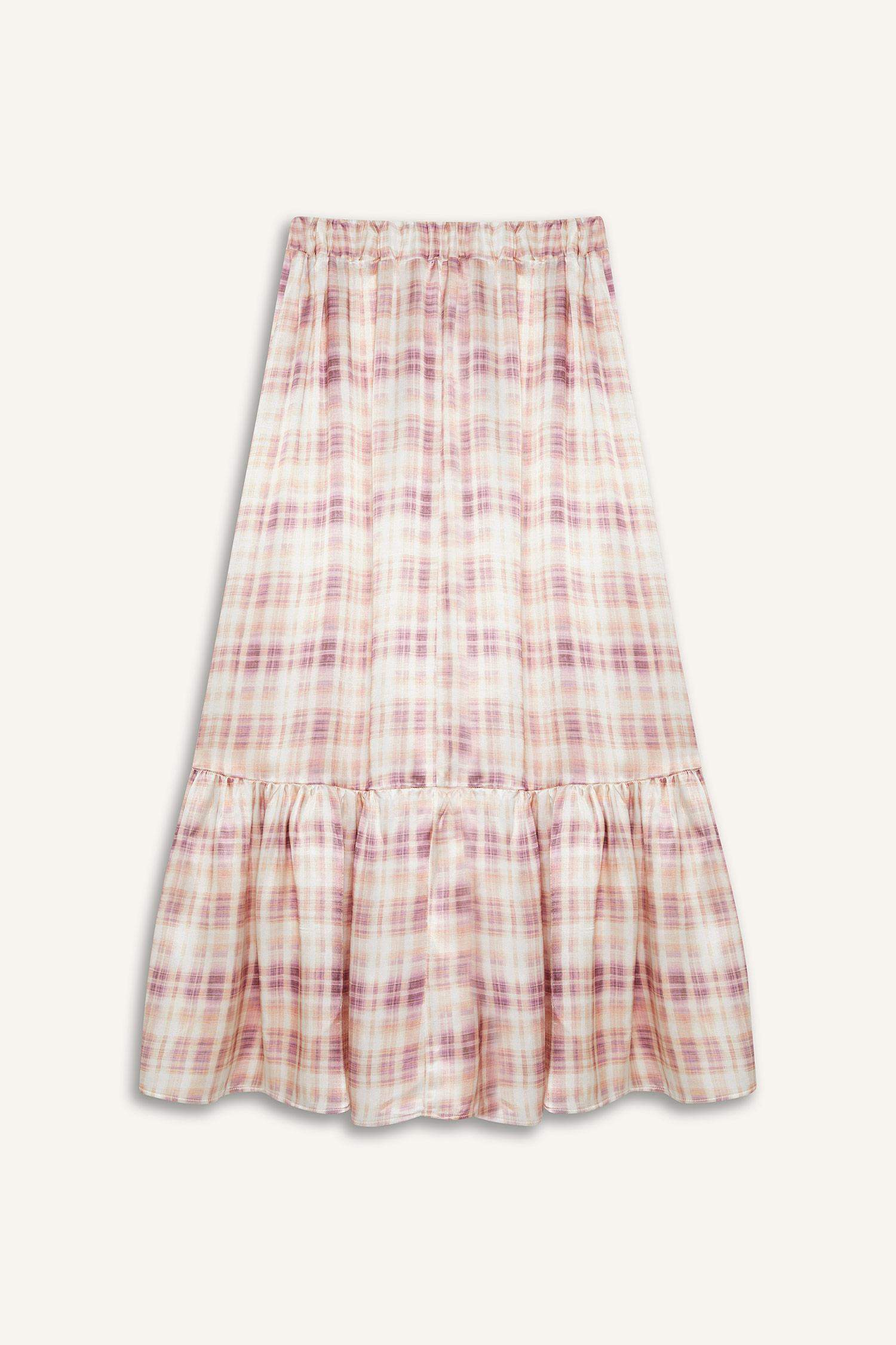 Desenli Beli Lastikli Saten Maxi Etek