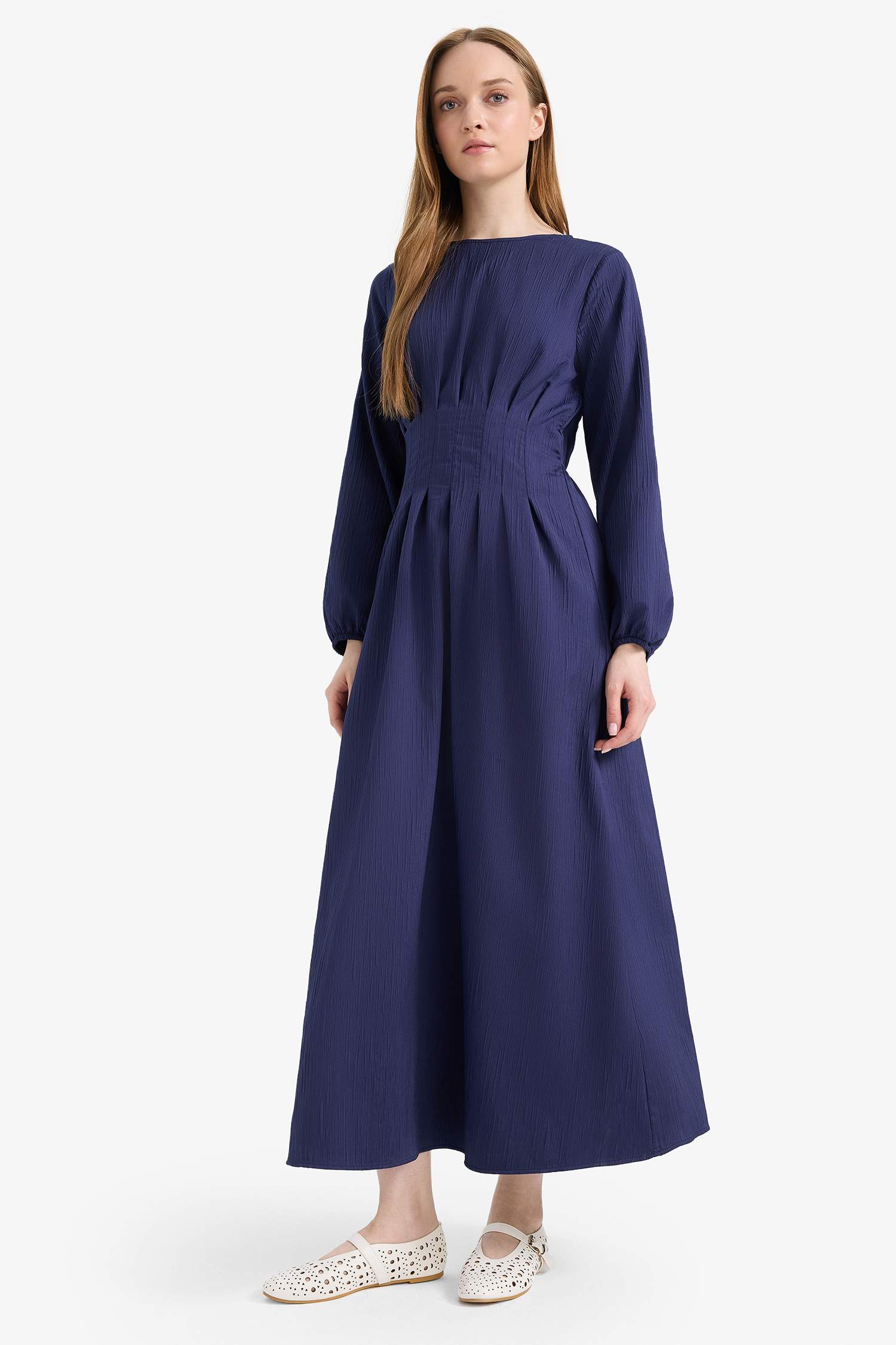 Regular Fit Bisiklet Yaka Uzun Kollu Maxi Elbise