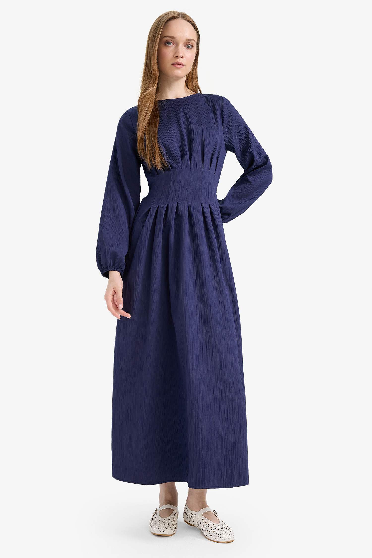 Regular Fit Bisiklet Yaka Uzun Kollu Maxi Elbise