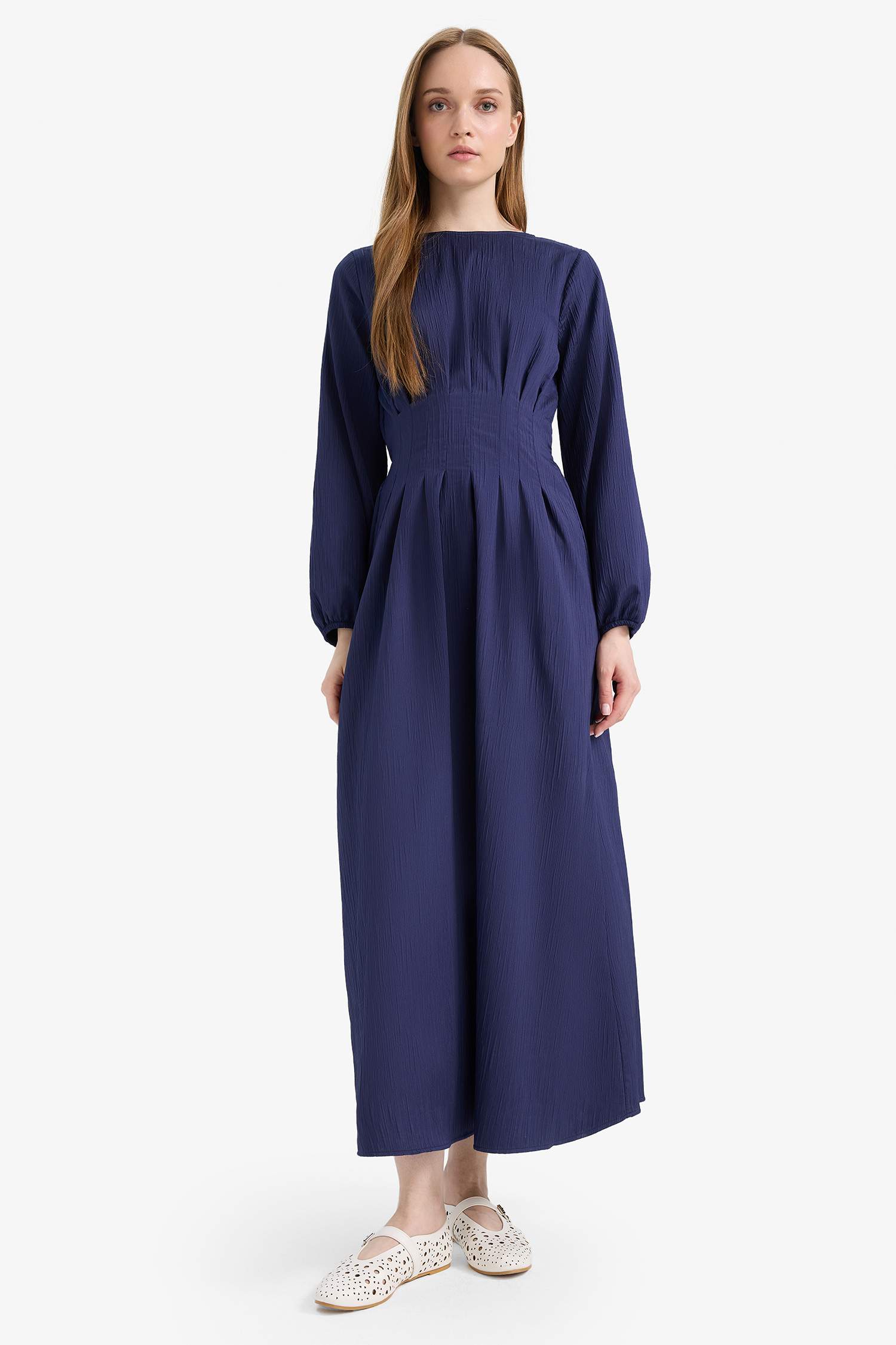 Regular Fit Bisiklet Yaka Uzun Kollu Maxi Elbise