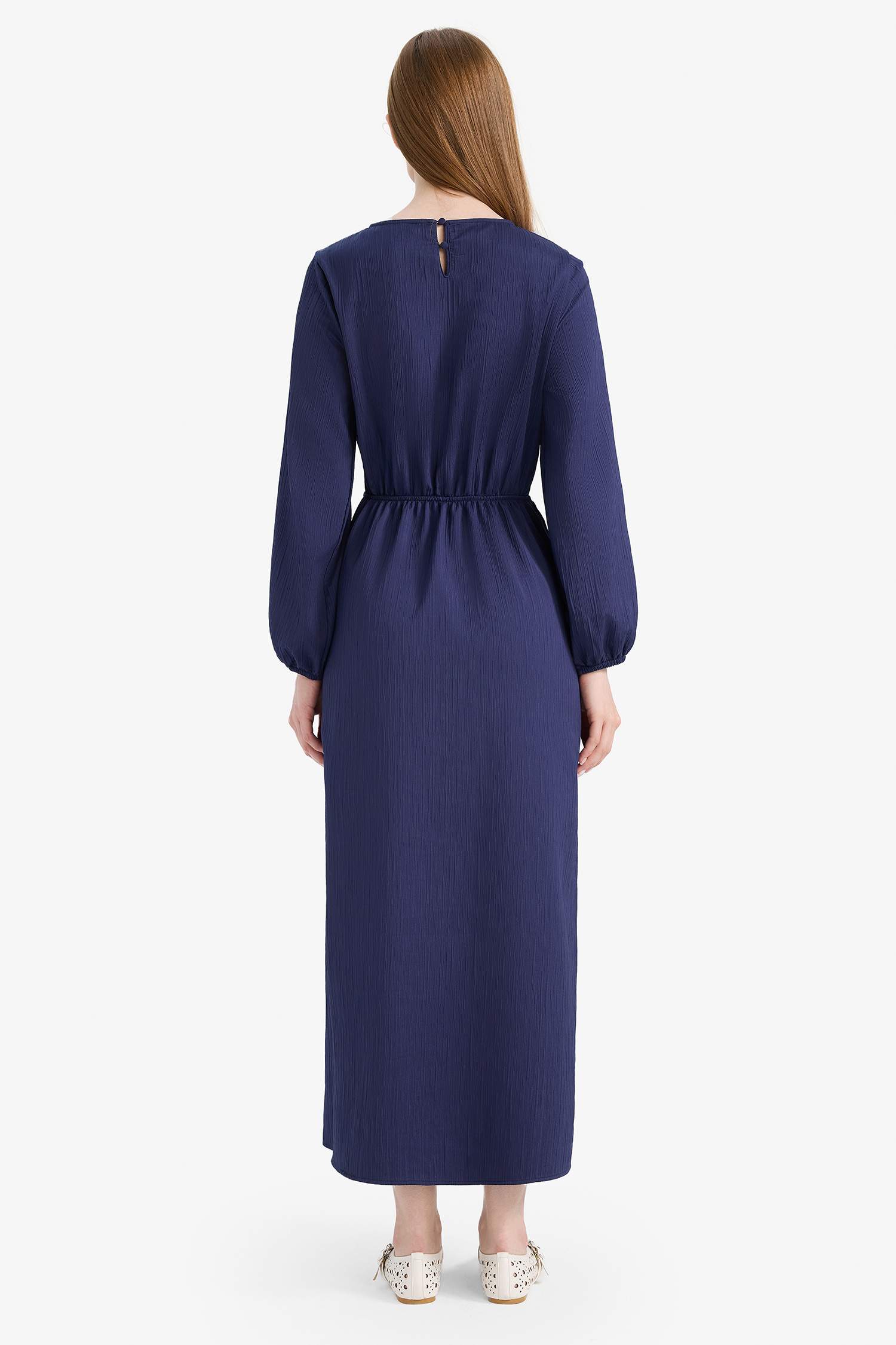 Regular Fit Bisiklet Yaka Uzun Kollu Maxi Elbise