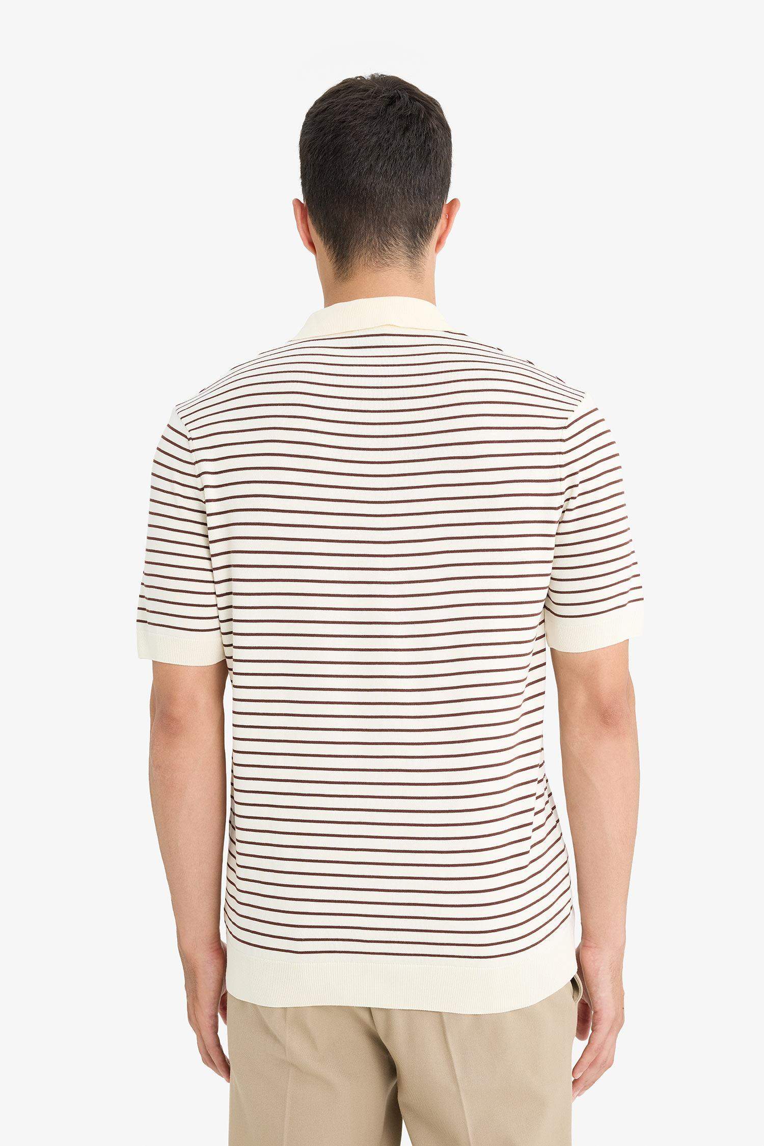 Standart Fit Polo Yaka Düğmeli Triko Çizgili Kısa Kollu Tişört