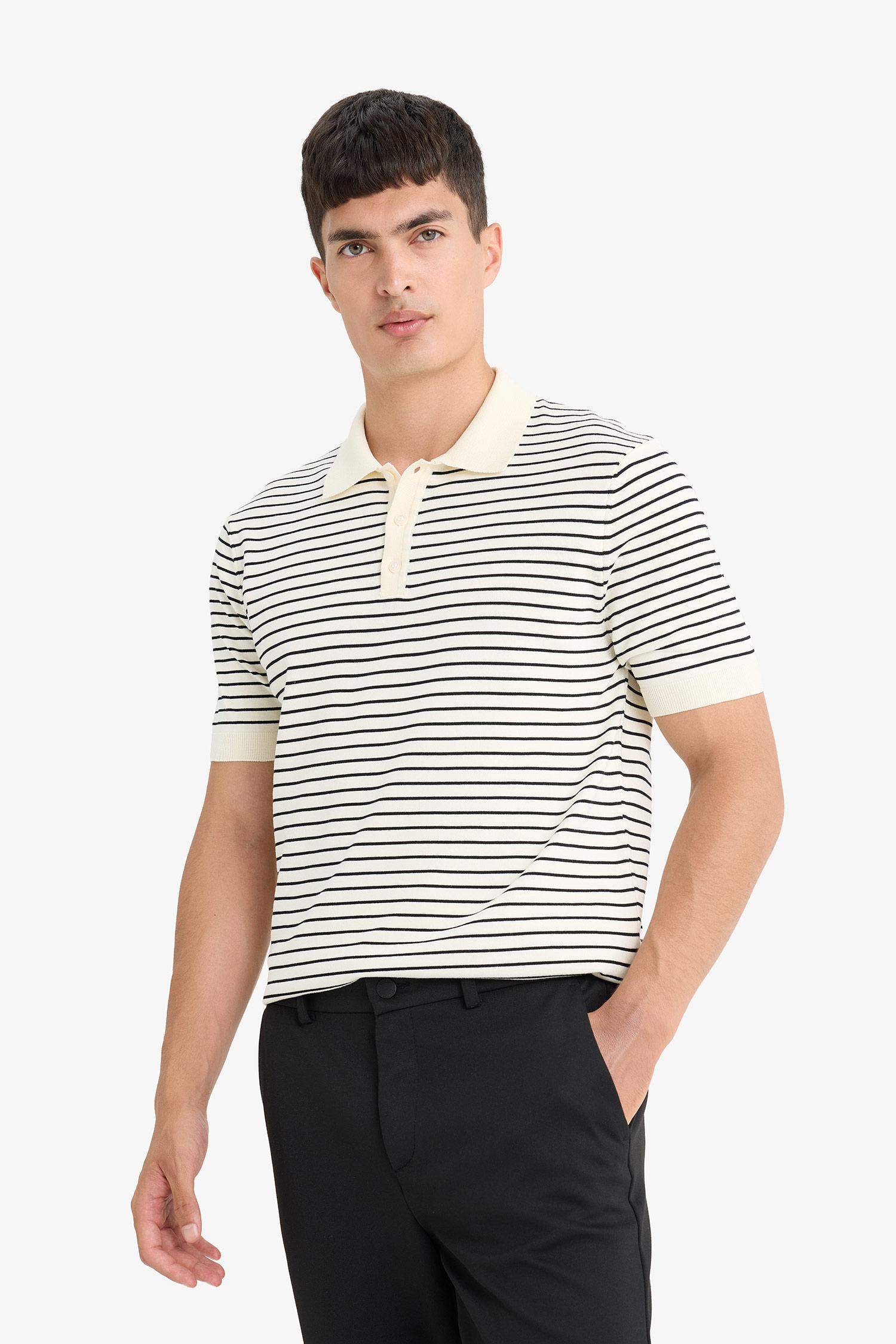 Standart Fit Polo Yaka Düğmeli Çizgili Triko Kısa Kollu Tişört