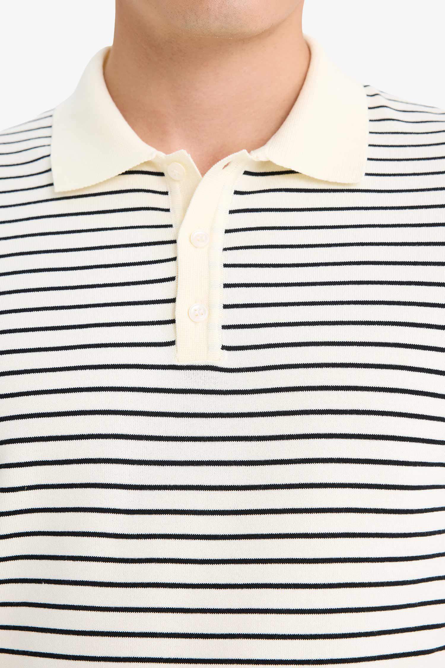 Standart Fit Polo Yaka Düğmeli Çizgili Triko Kısa Kollu Tişört