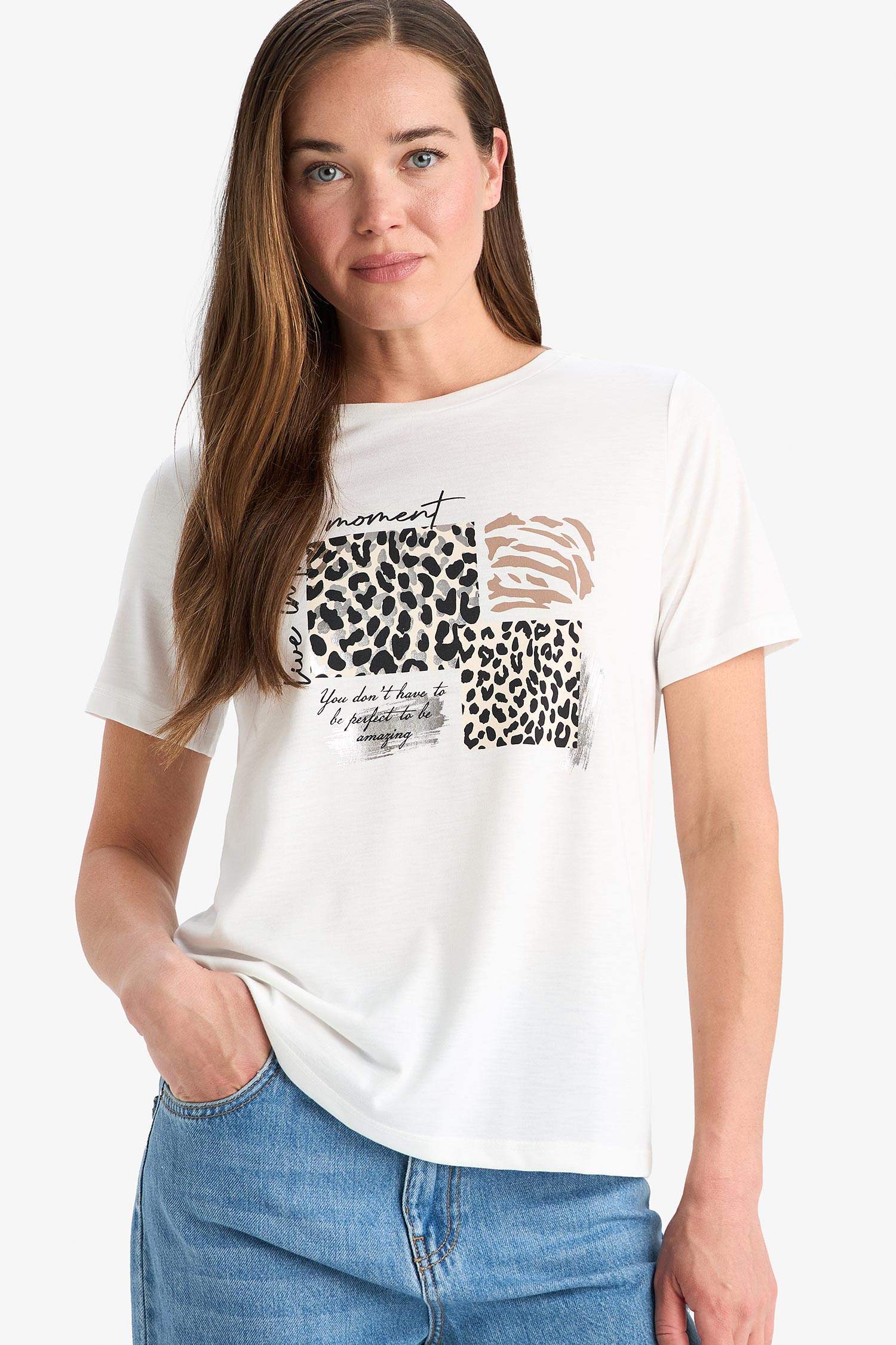 Regular Fit Bisiklet Yaka Baskılı Kısa Kollu Tişört