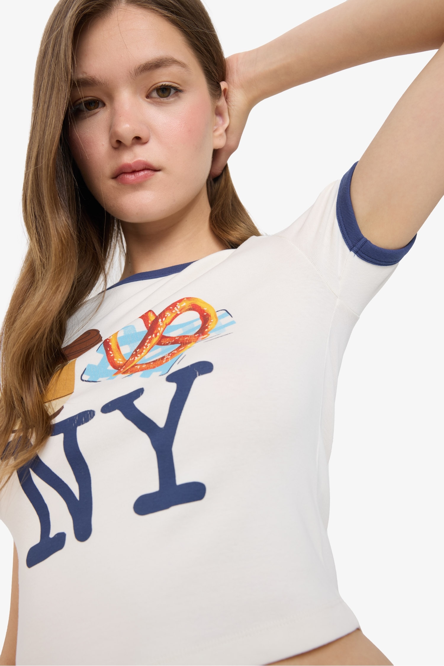 Fitted Crew Neck Food Printed Ribbed T-Shirt