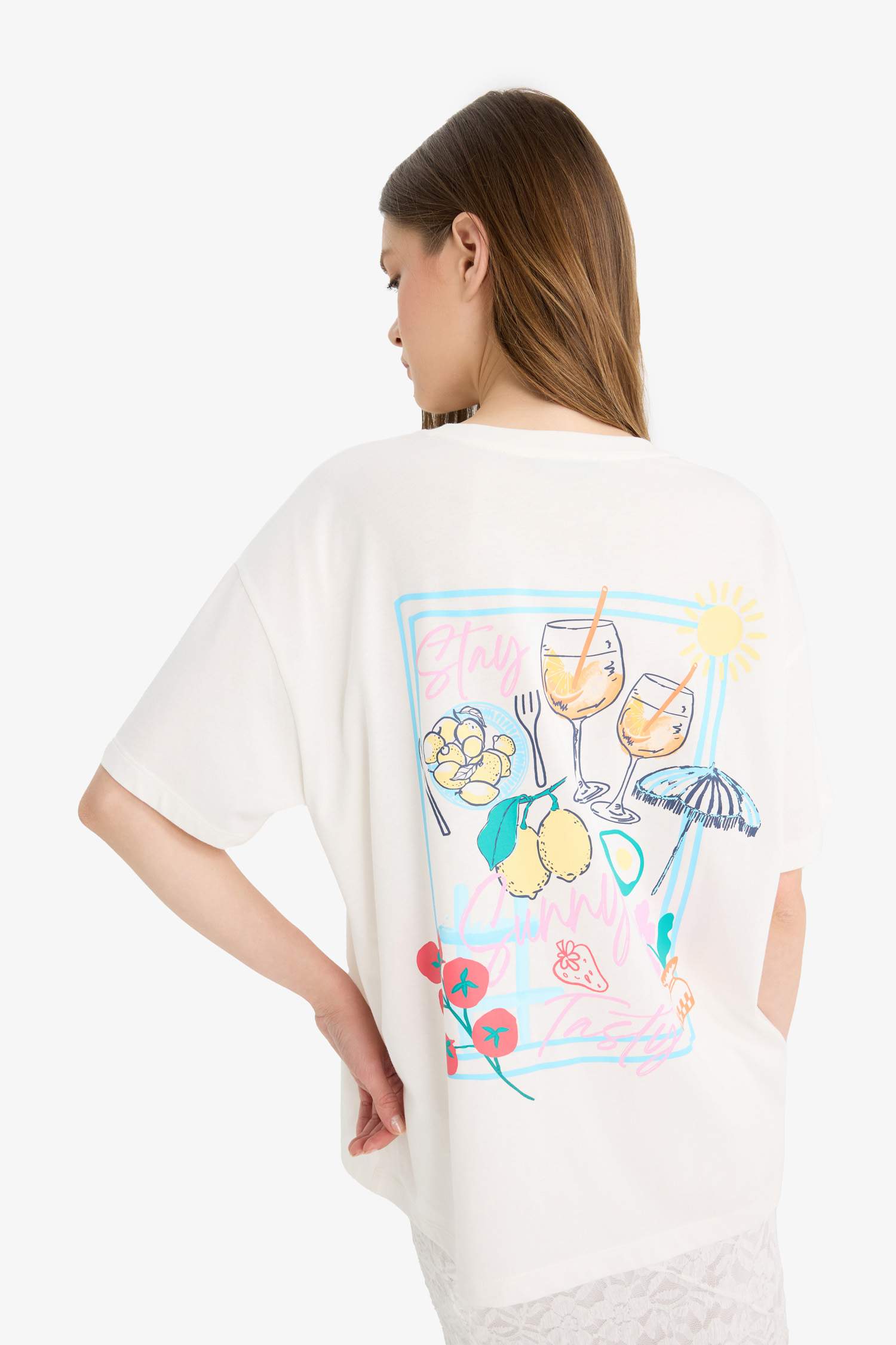 Oversize Fit Crew Neck Printed White T-Shirt