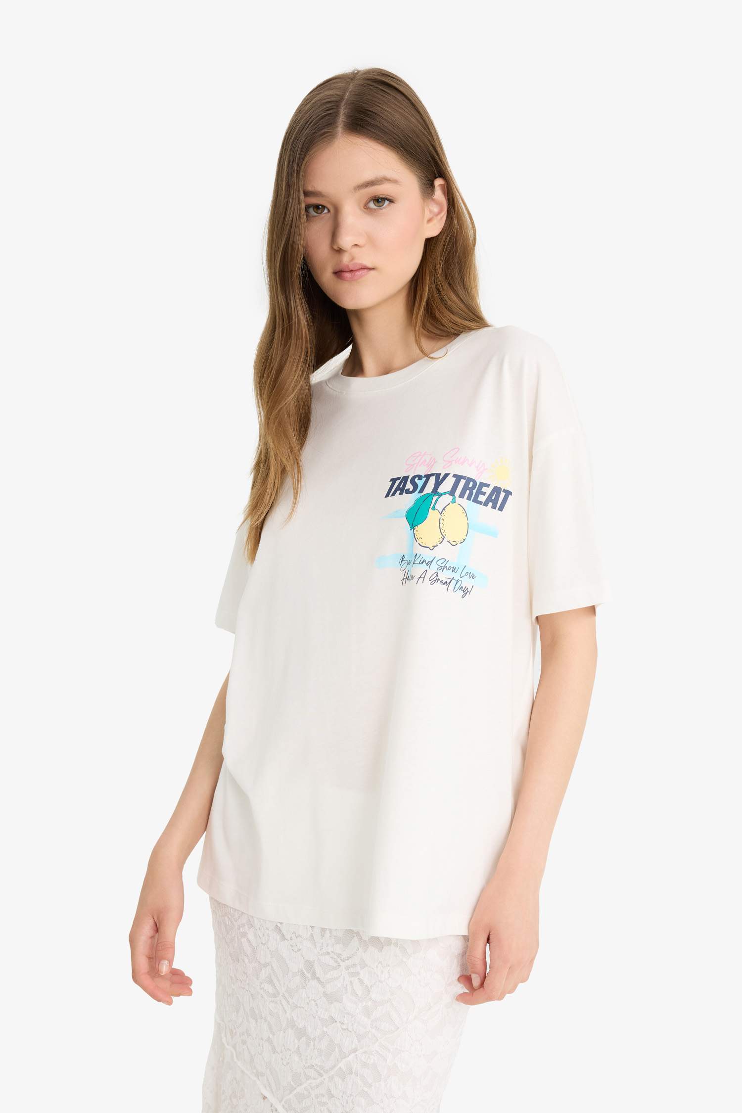Oversize Fit Crew Neck Printed White T-Shirt