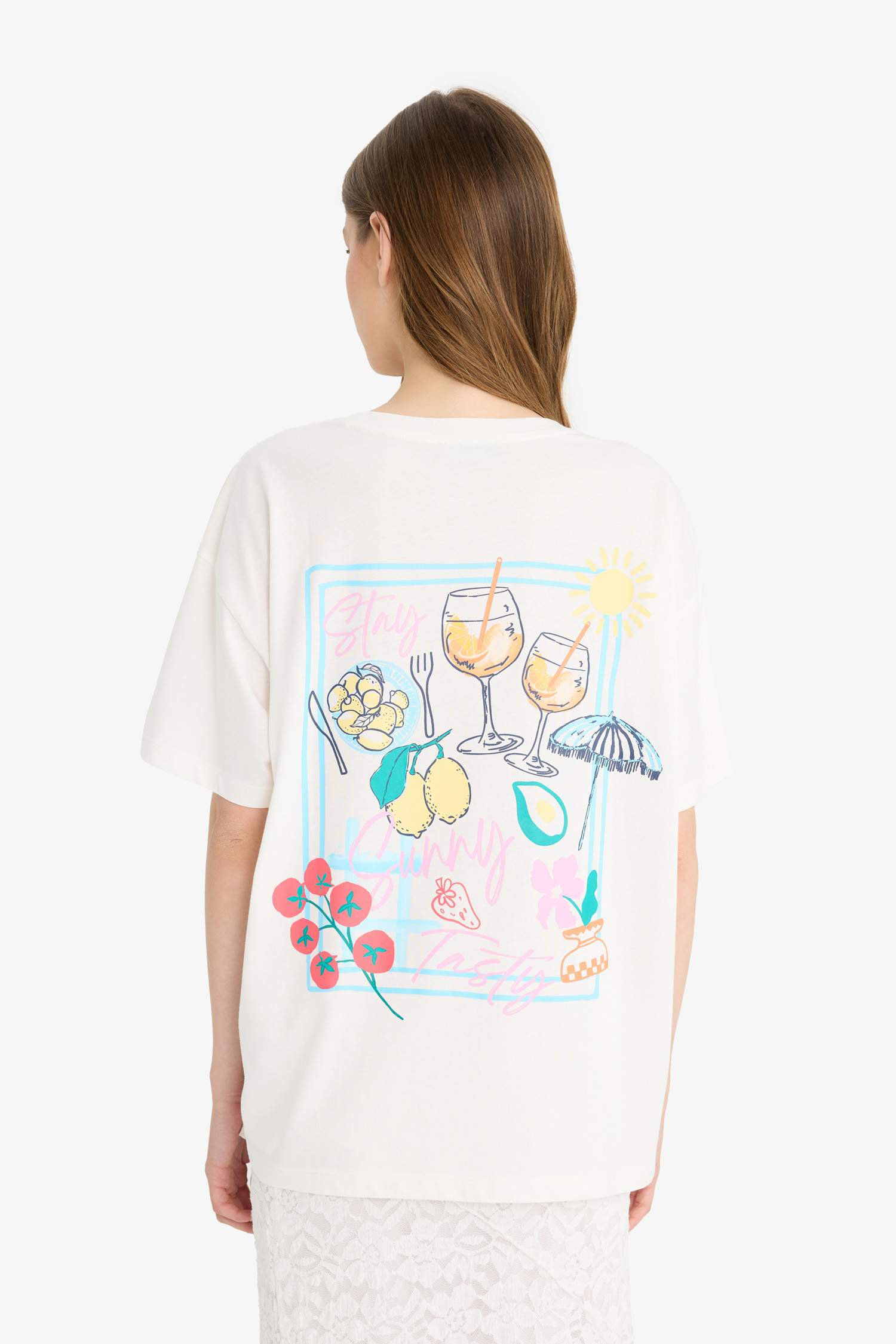 Oversize Fit Crew Neck Printed White T-Shirt