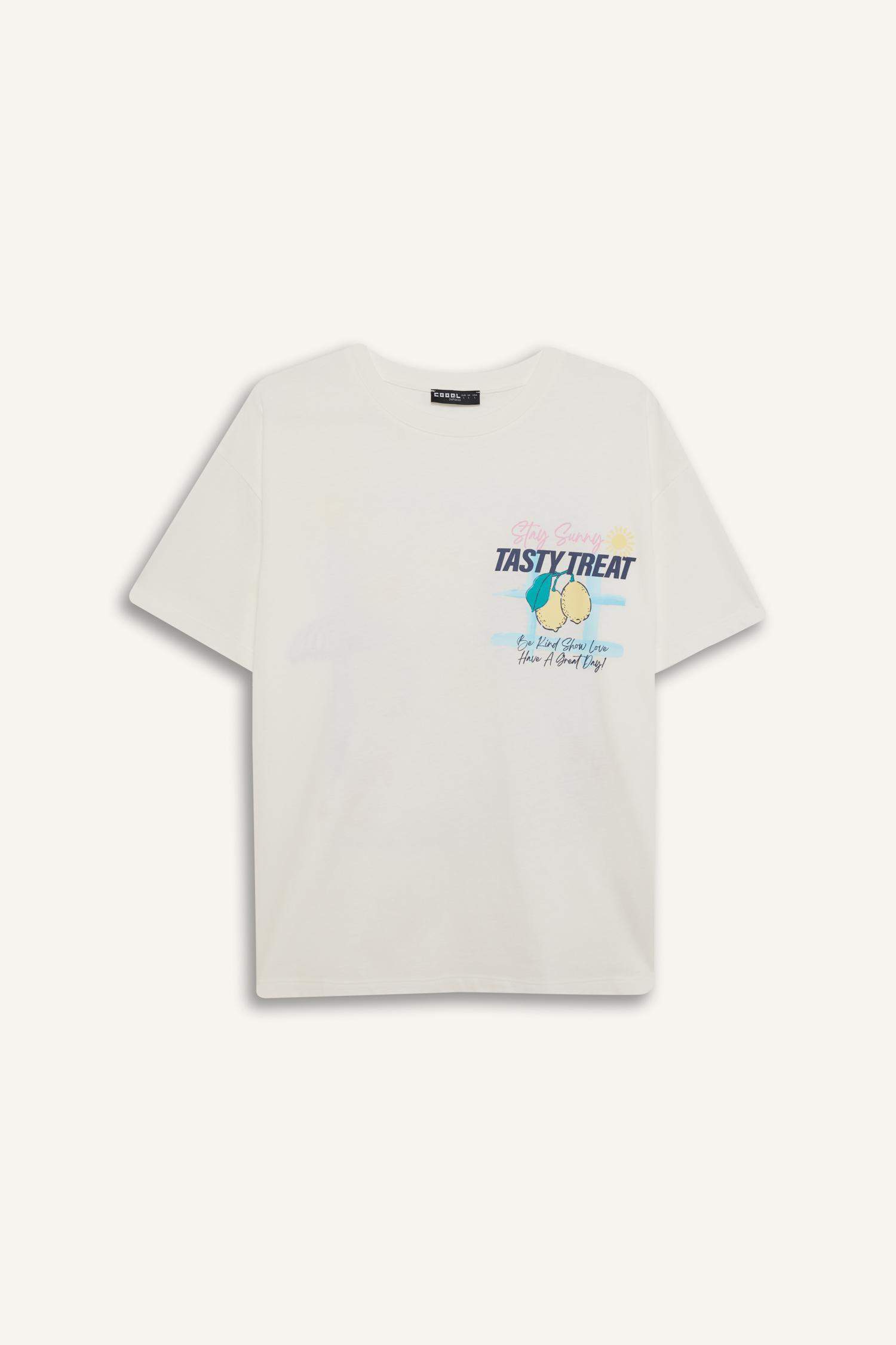Oversize Fit Crew Neck Printed White T-Shirt