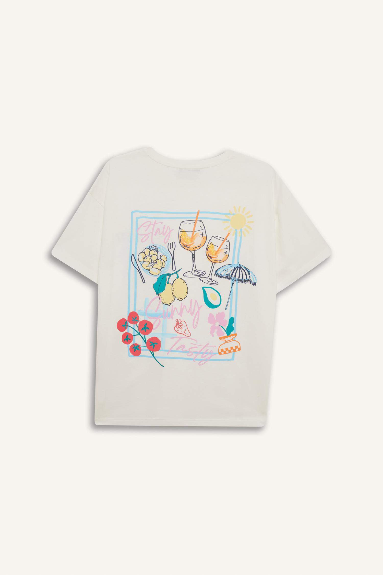 Oversize Fit Crew Neck Printed White T-Shirt