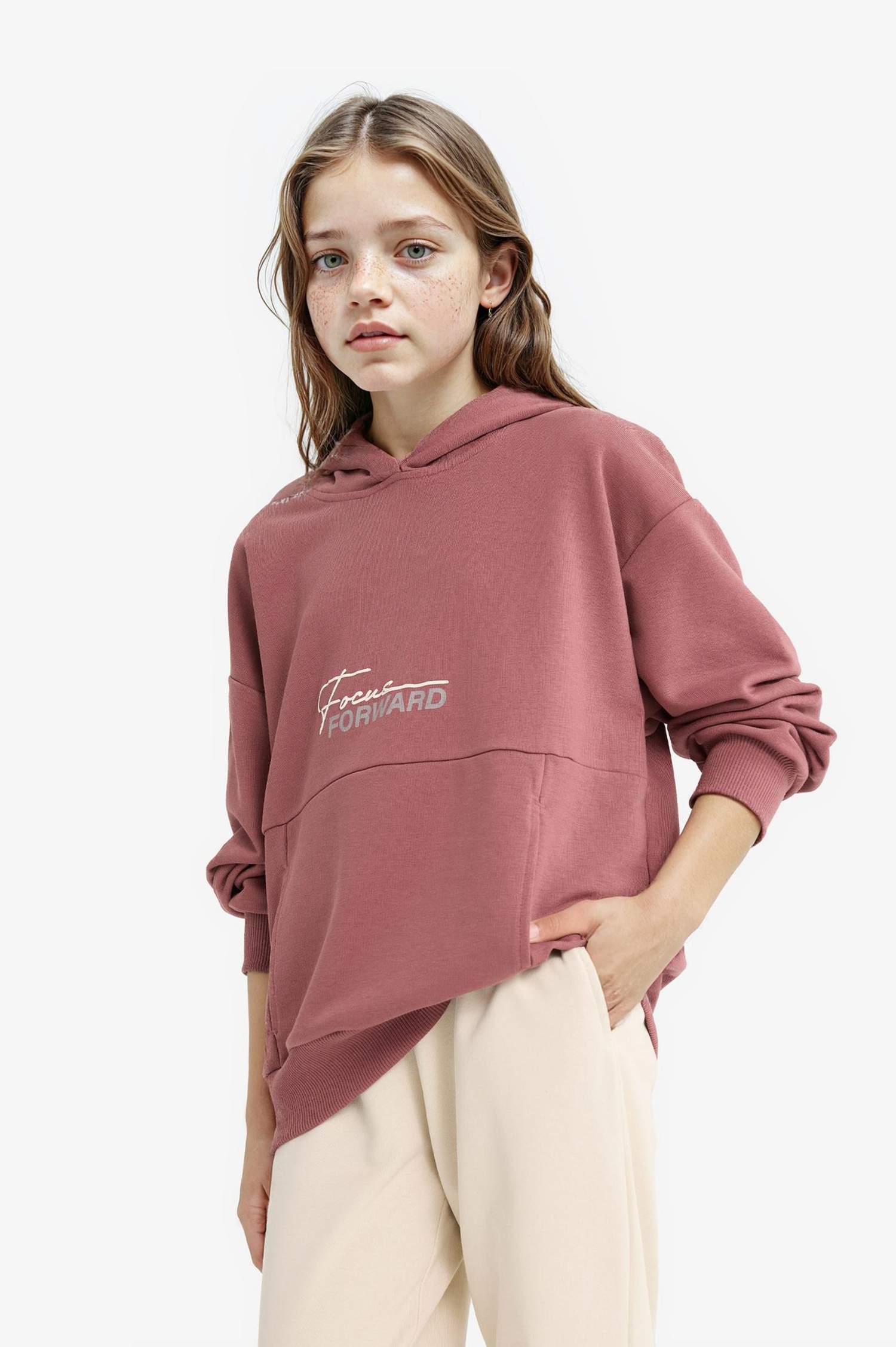 Kız Çocuk Oversize Geniş Kalıp Kapüşonlu Sırt Baskılı Sweatshirt