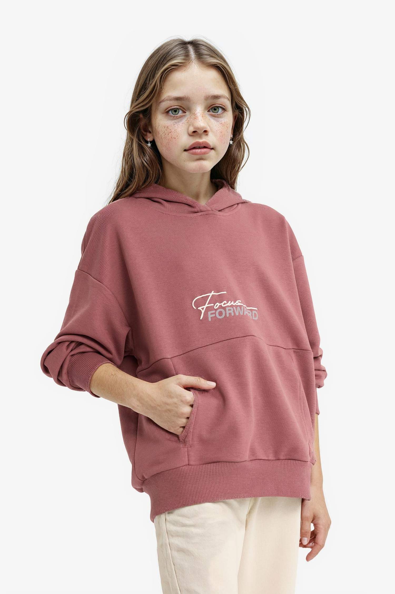 Kız Çocuk Oversize Geniş Kalıp Kapüşonlu Sırt Baskılı Sweatshirt