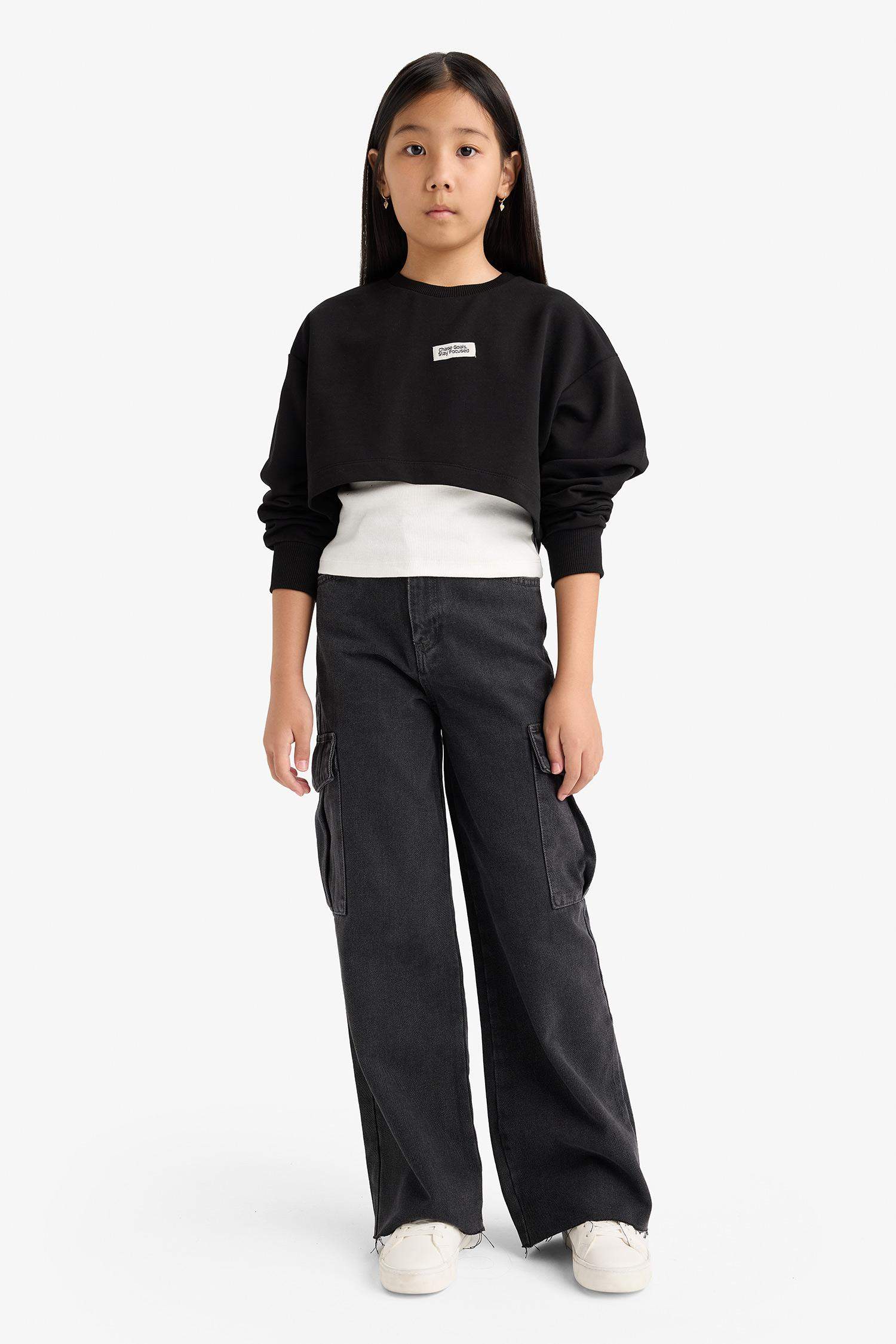 سويت شيرت بناتي رياضي قصة مريحة بياخة مستديرة من قطعتين