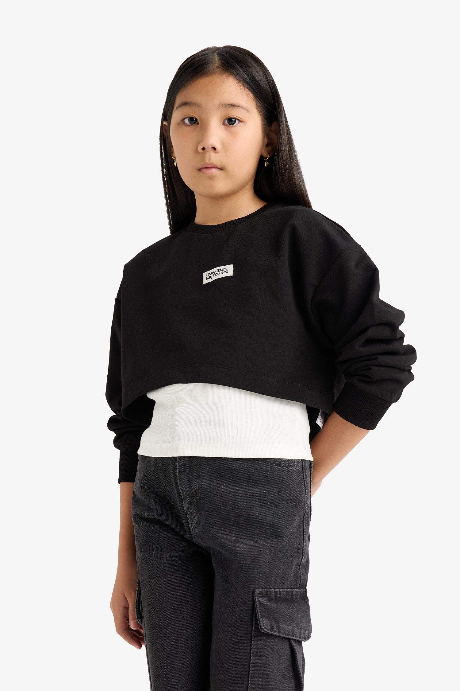 سويت شيرت بناتي رياضي قصة مريحة بياخة مستديرة من قطعتين