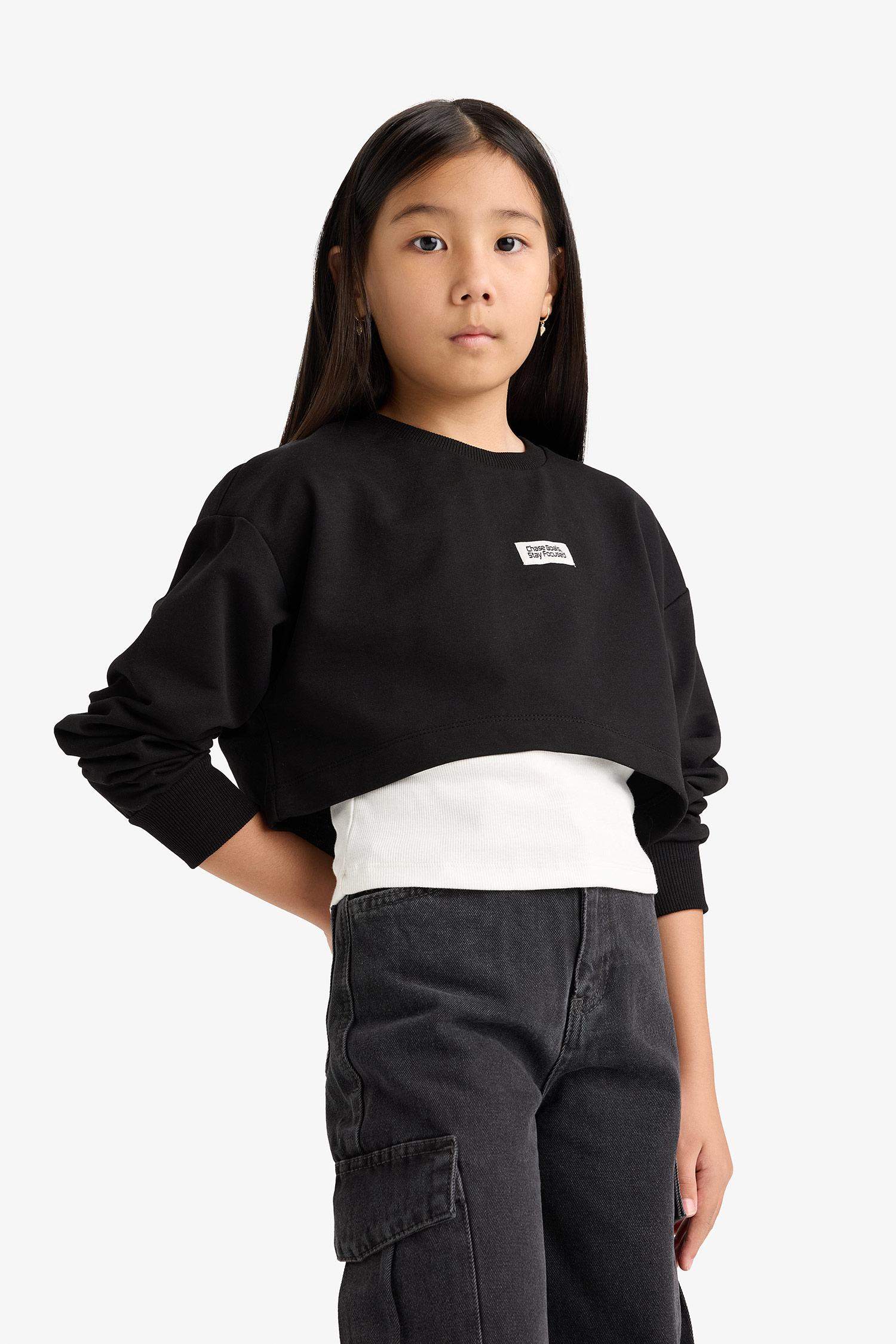 سويت شيرت بناتي رياضي قصة مريحة بياخة مستديرة من قطعتين