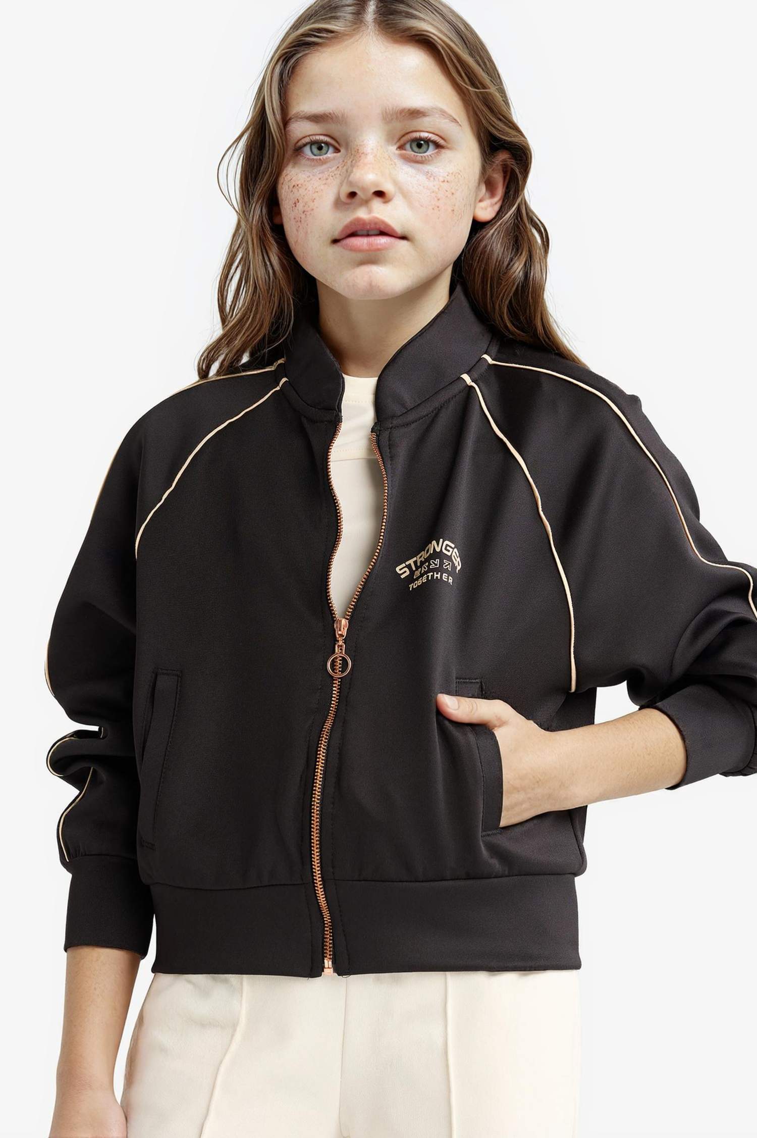 Veste zippée en tissu scuba imprimée à col rond pou fille