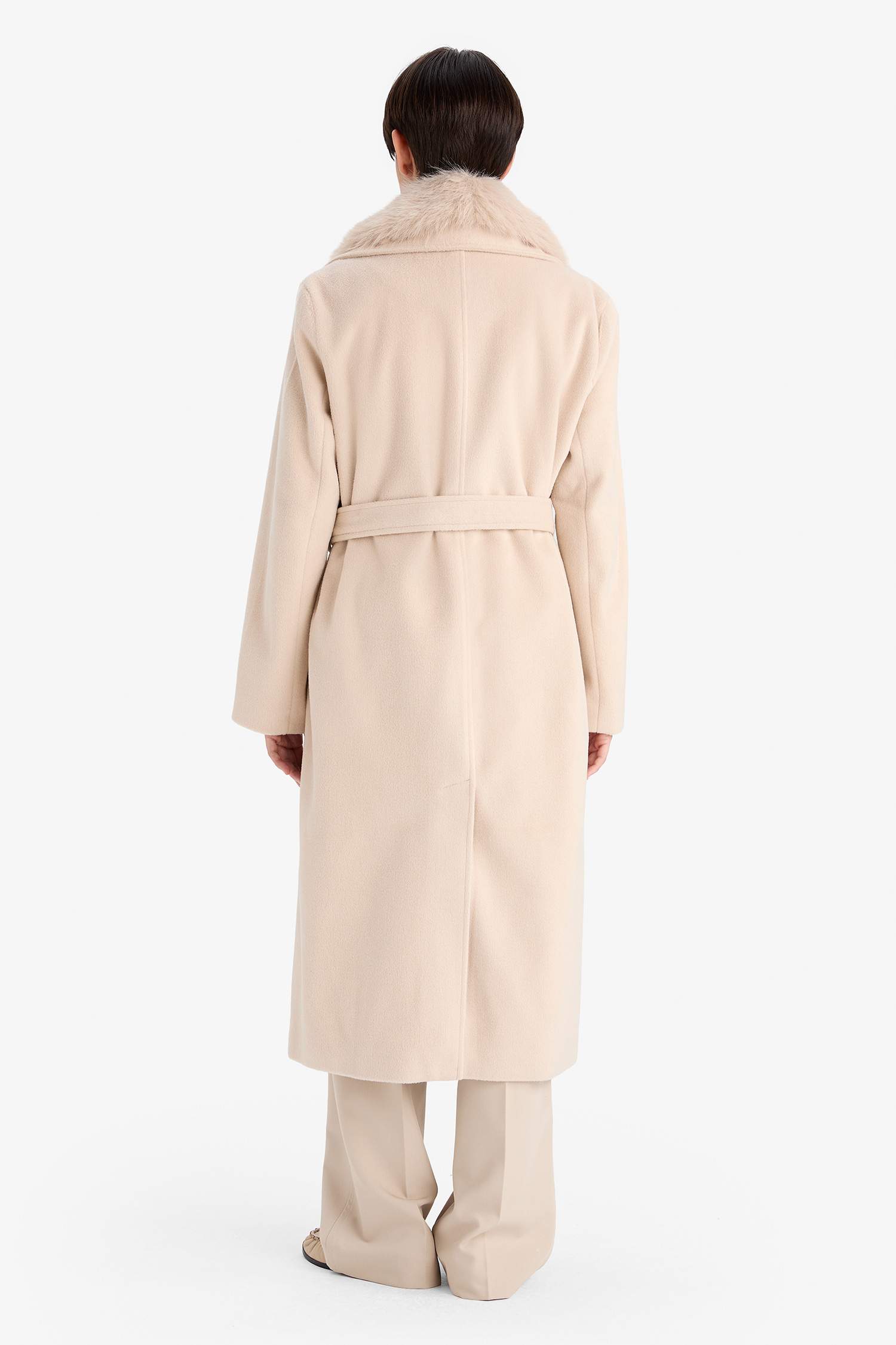 Regular Fit Suni Kürk Yaka Kuşaklı Kaşe Uzun Kaban