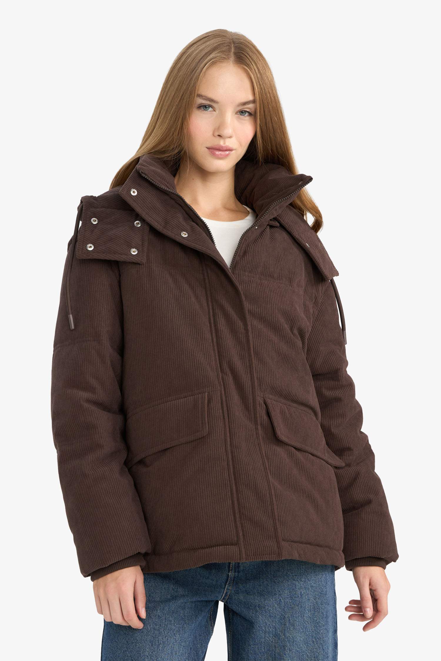 Regular Fit Velvet Hooded Puffer Jacket