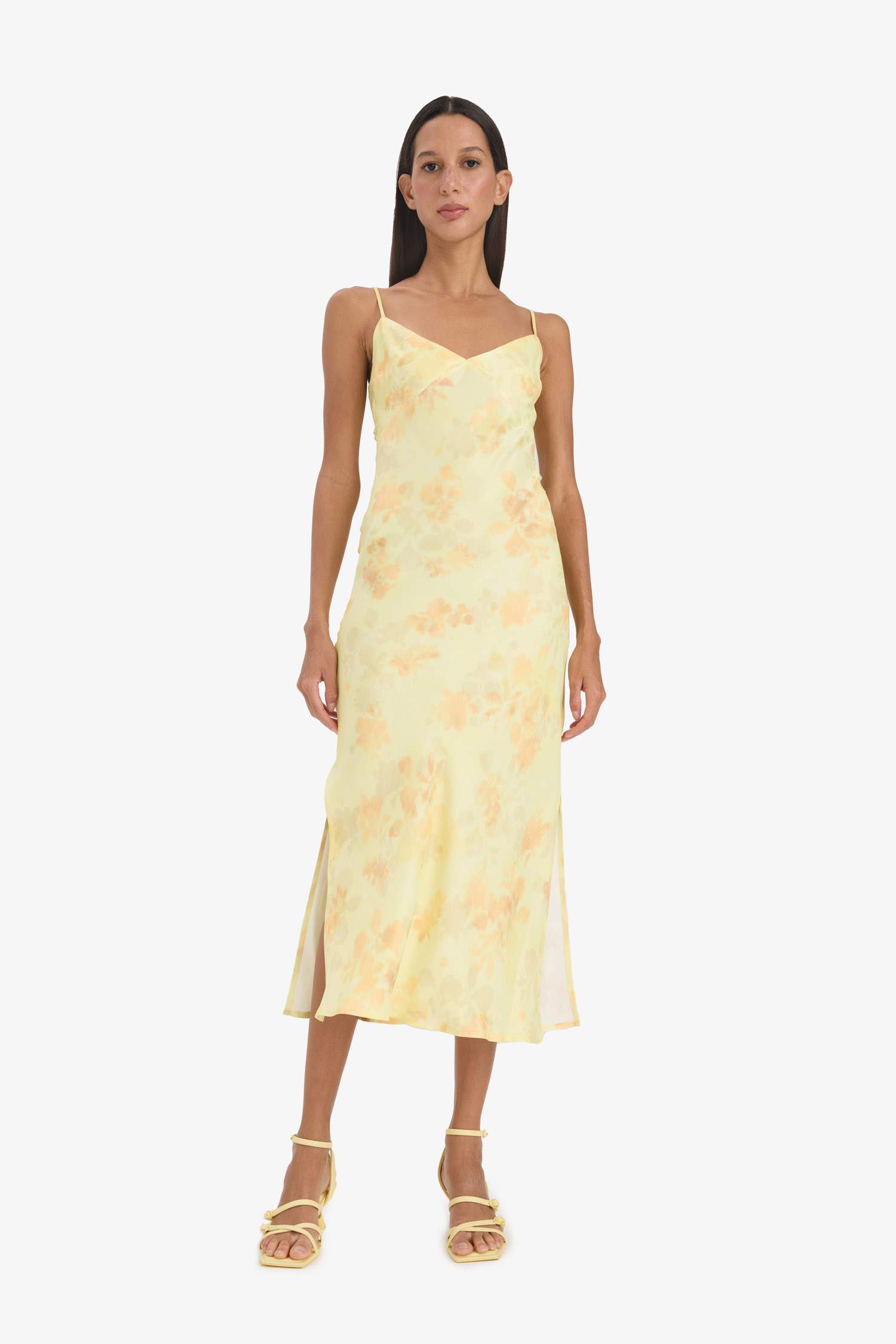 V-Neck Floral Satin Sleeveless Midi Dress