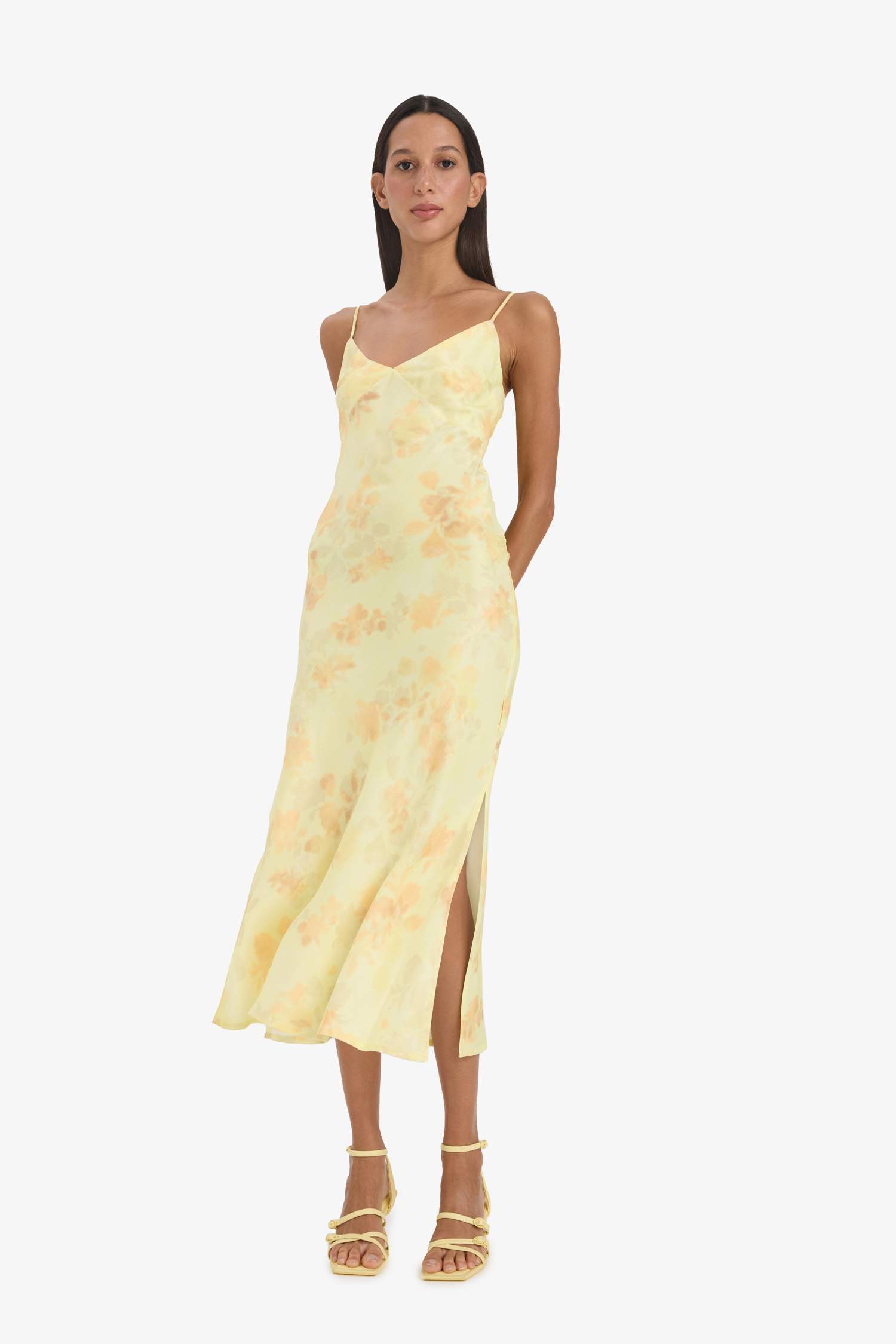 V-Neck Floral Satin Sleeveless Midi Dress