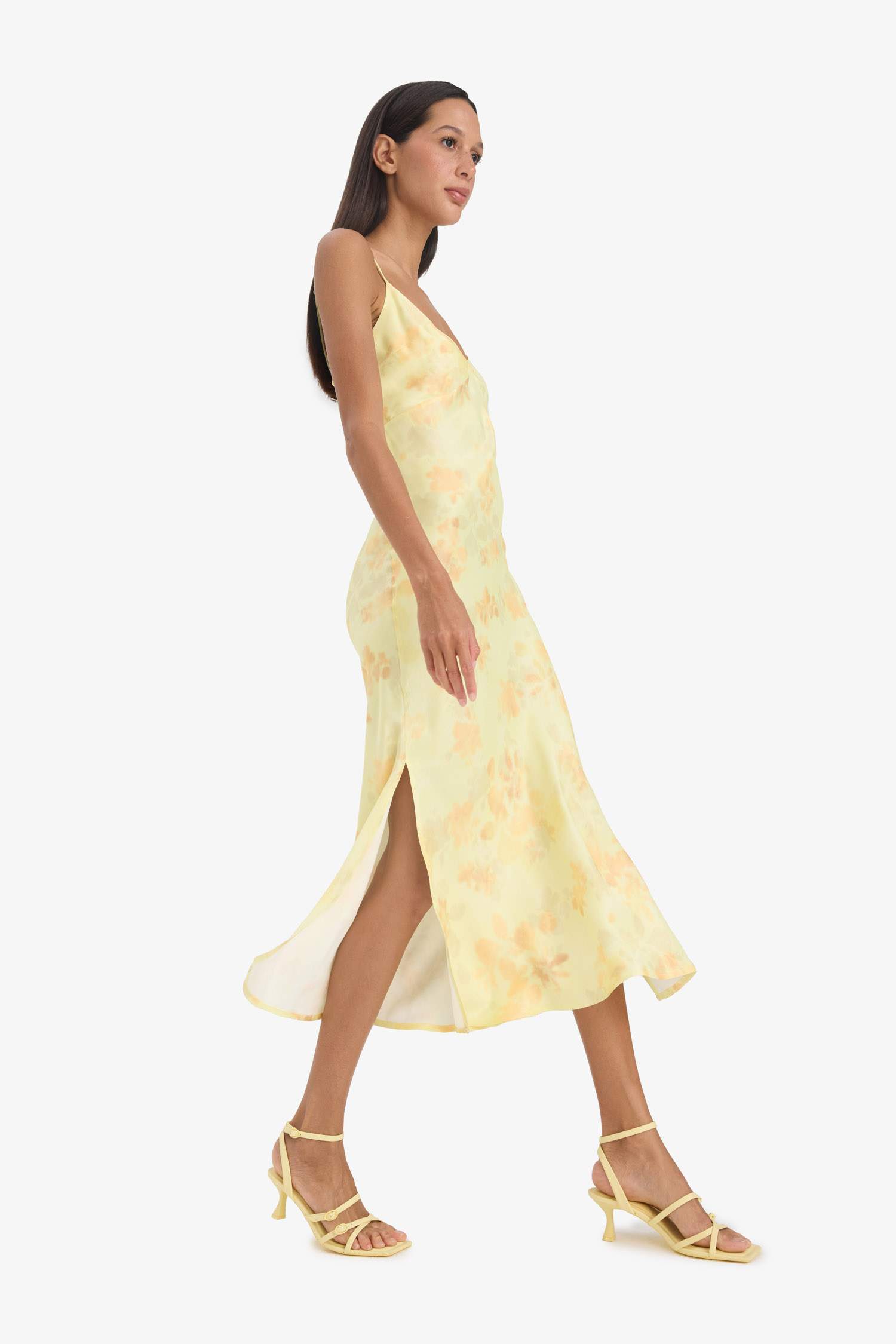 V-Neck Floral Satin Sleeveless Midi Dress