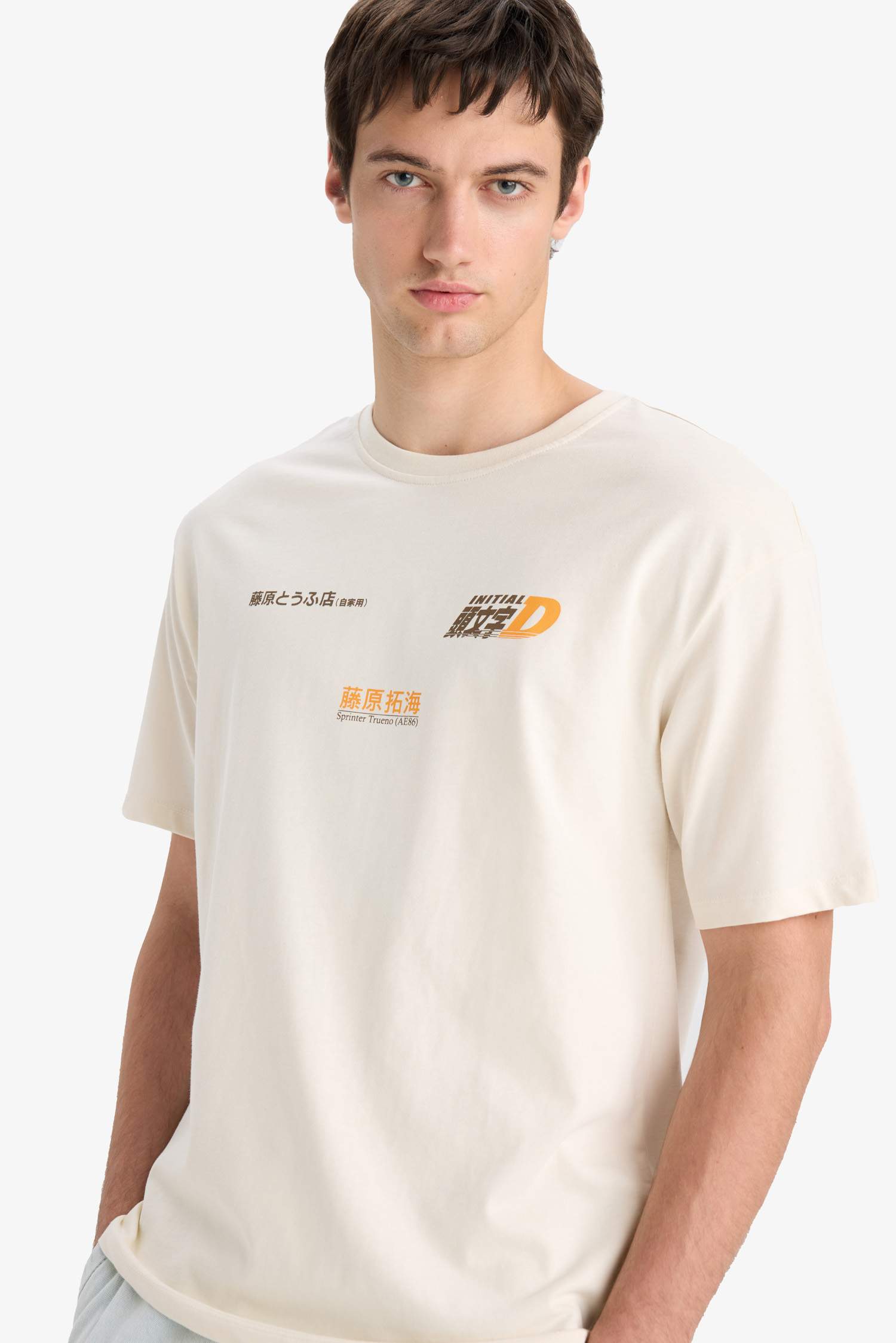 %100 Pamuk Initial D Boxy Fit Bisiklet Yaka Sırt Baskılı Kısa Kollu Tişört