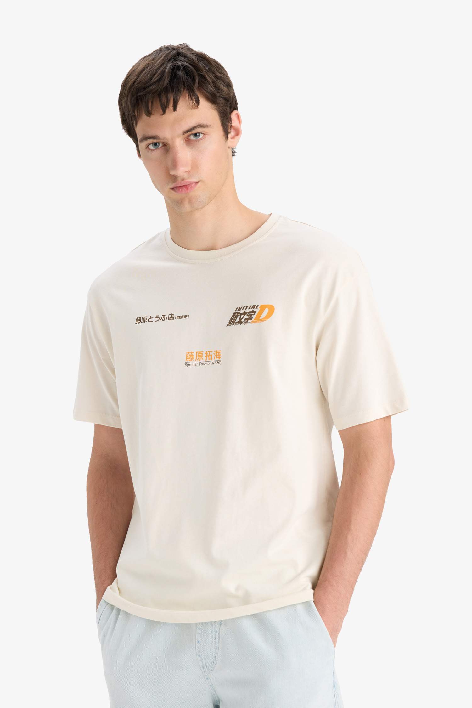 %100 Pamuk Initial D Boxy Fit Bisiklet Yaka Sırt Baskılı Kısa Kollu Tişört