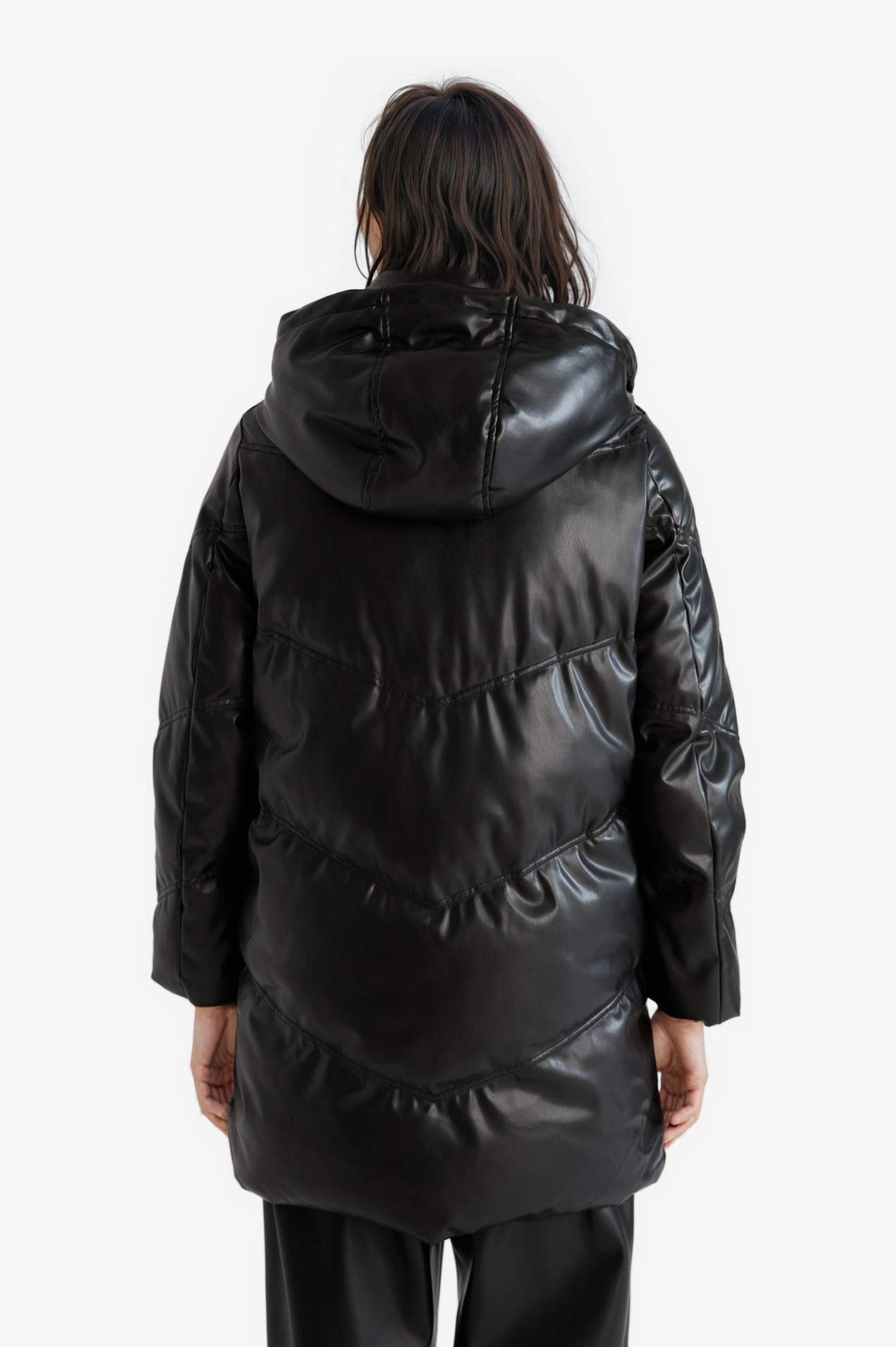 Su Geçirmez Relax Fit Kapüşonlu Suni Deri Parka