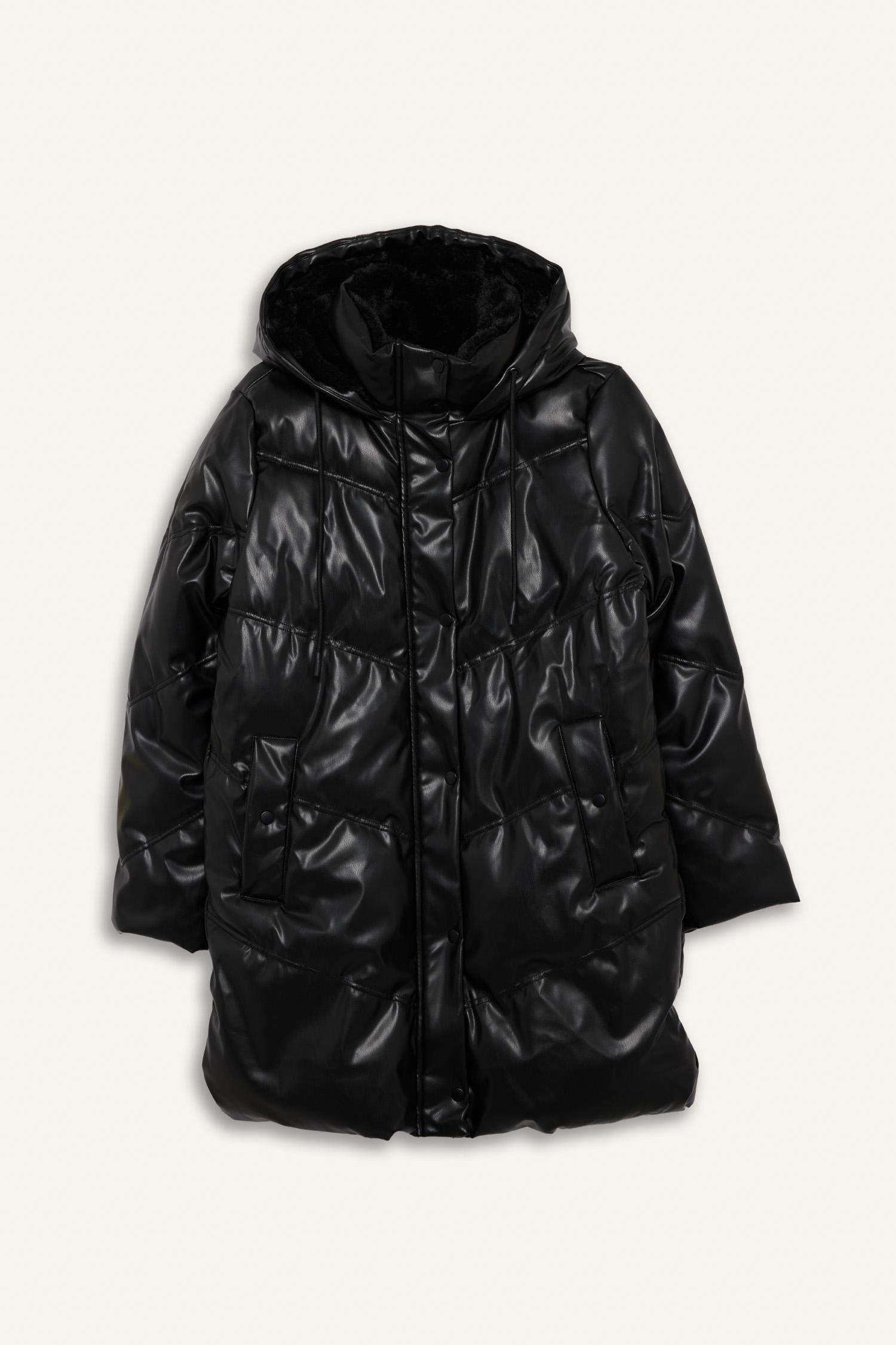 Su Geçirmez Relax Fit Kapüşonlu Suni Deri Parka