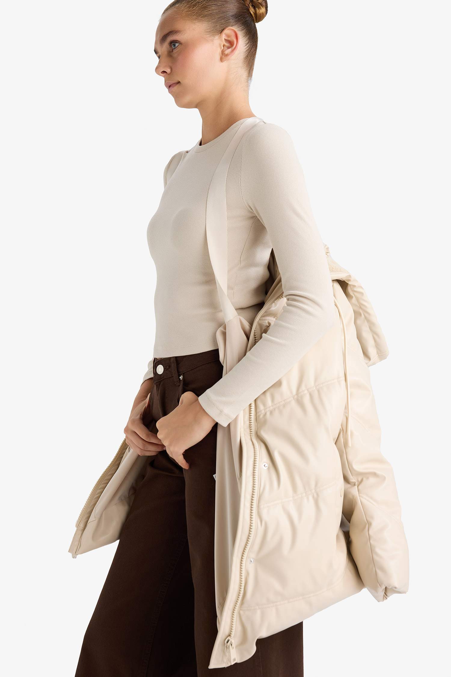 Su Geçirmez Relax Fit Kapüşonlu Suni Deri Parka