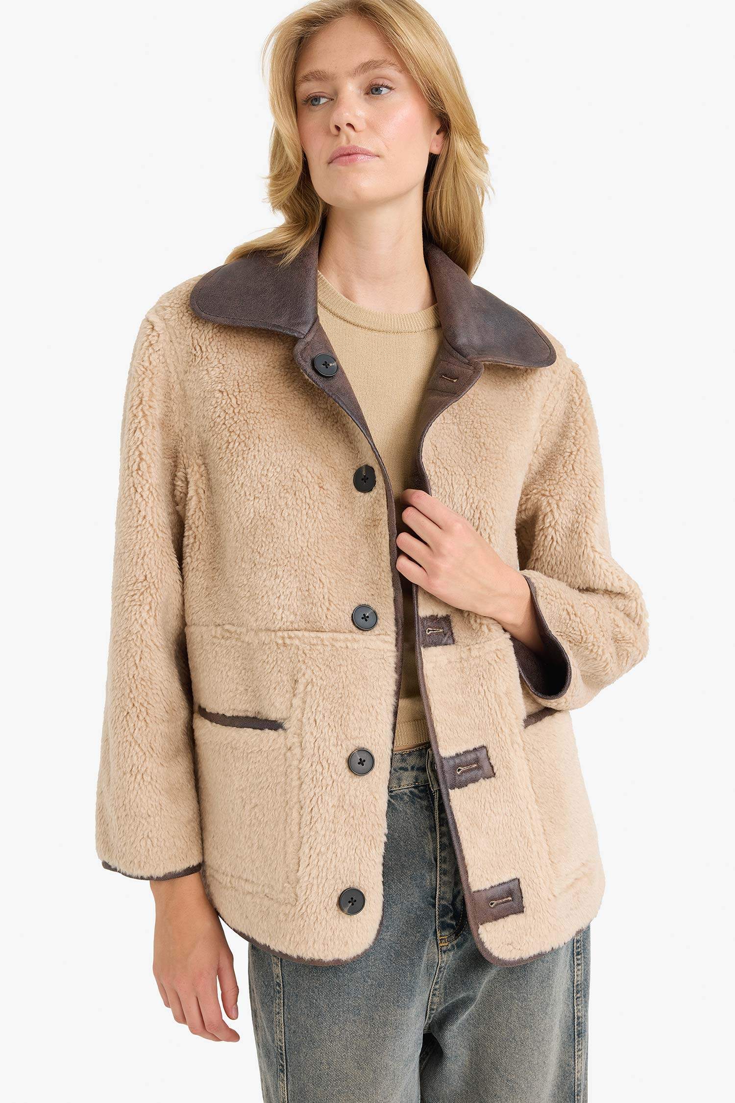 Çift Taraflı Regular Fit Polo Yaka Suni Kürk Astarlı Mont