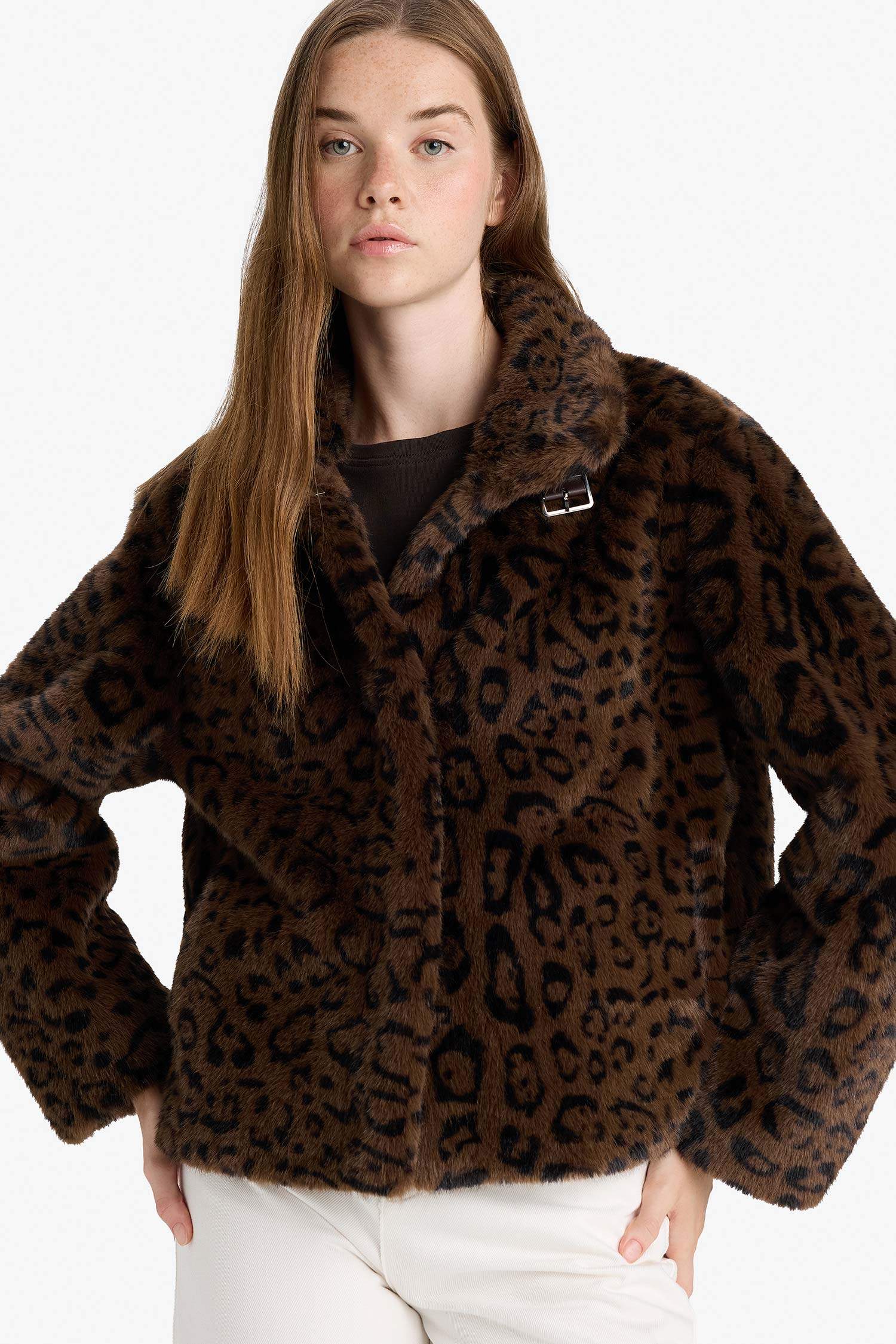 Regular Fit Leopard Print Short Faux Fur Jacket