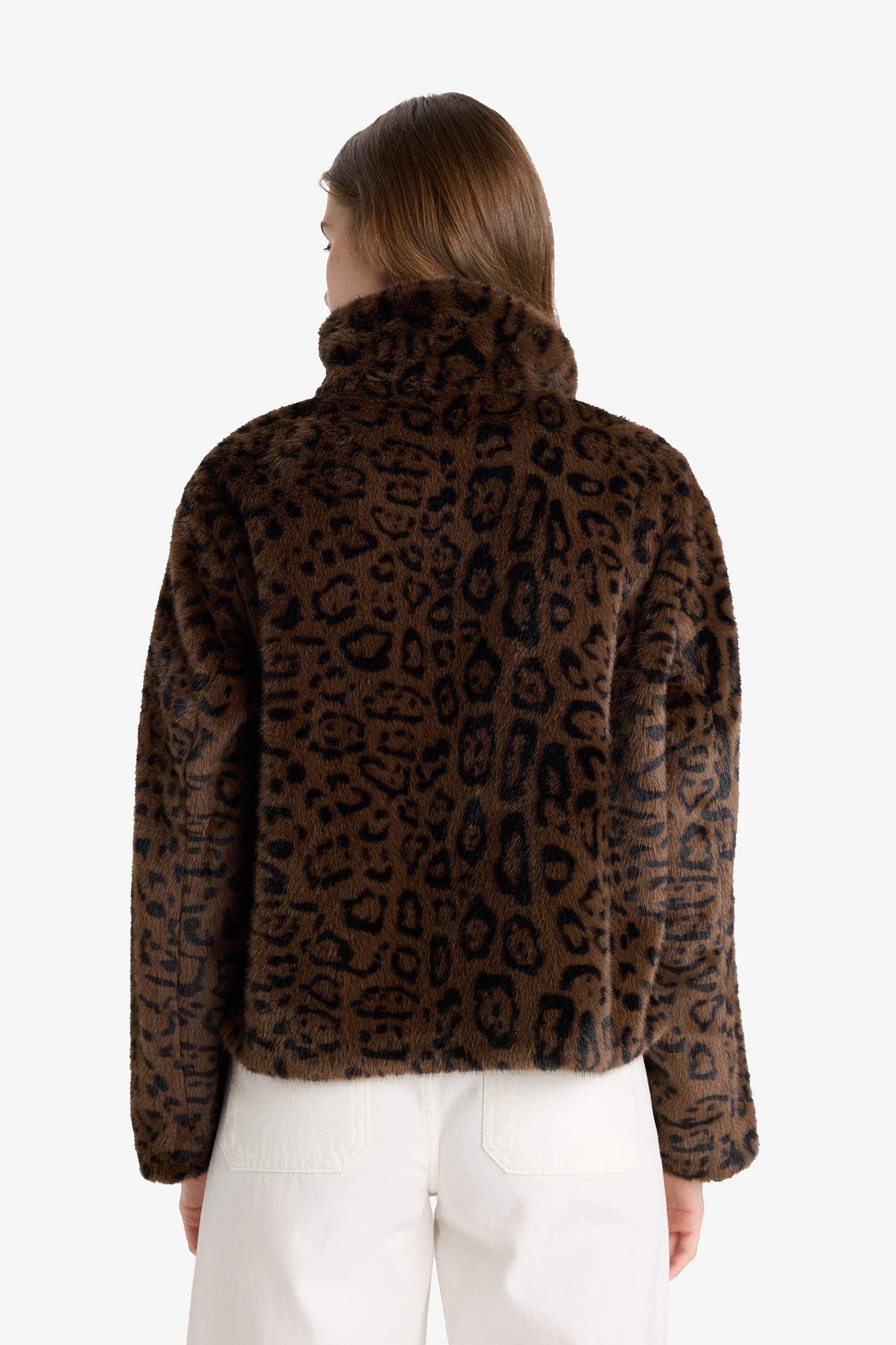 Regular Fit Leopard Print Short Faux Fur Jacket