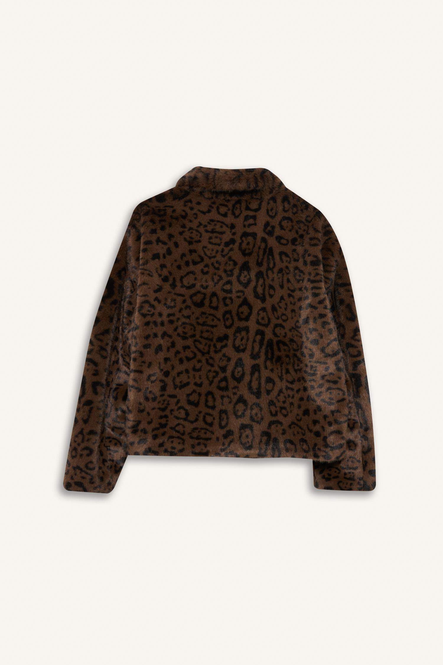 Regular Fit Leopard Print Short Faux Fur Jacket
